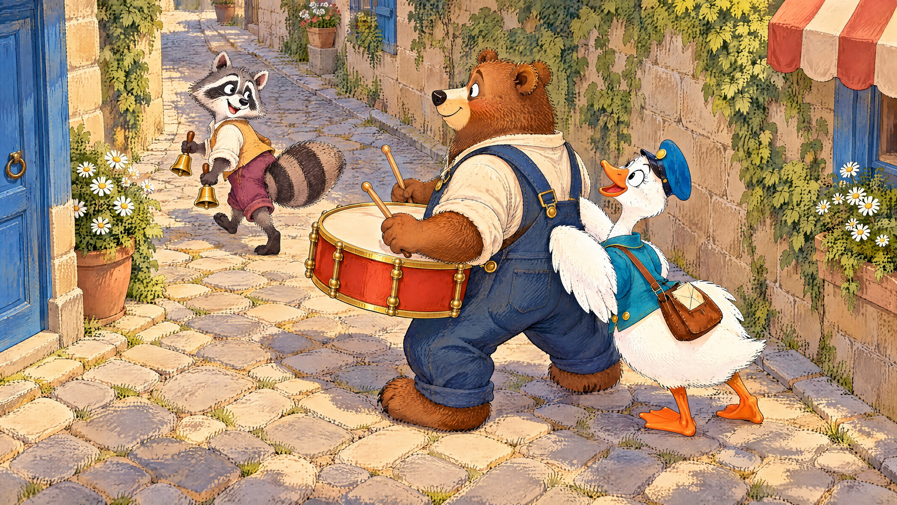Raccoon turns at a street corner while Bear and Goose follow closely.