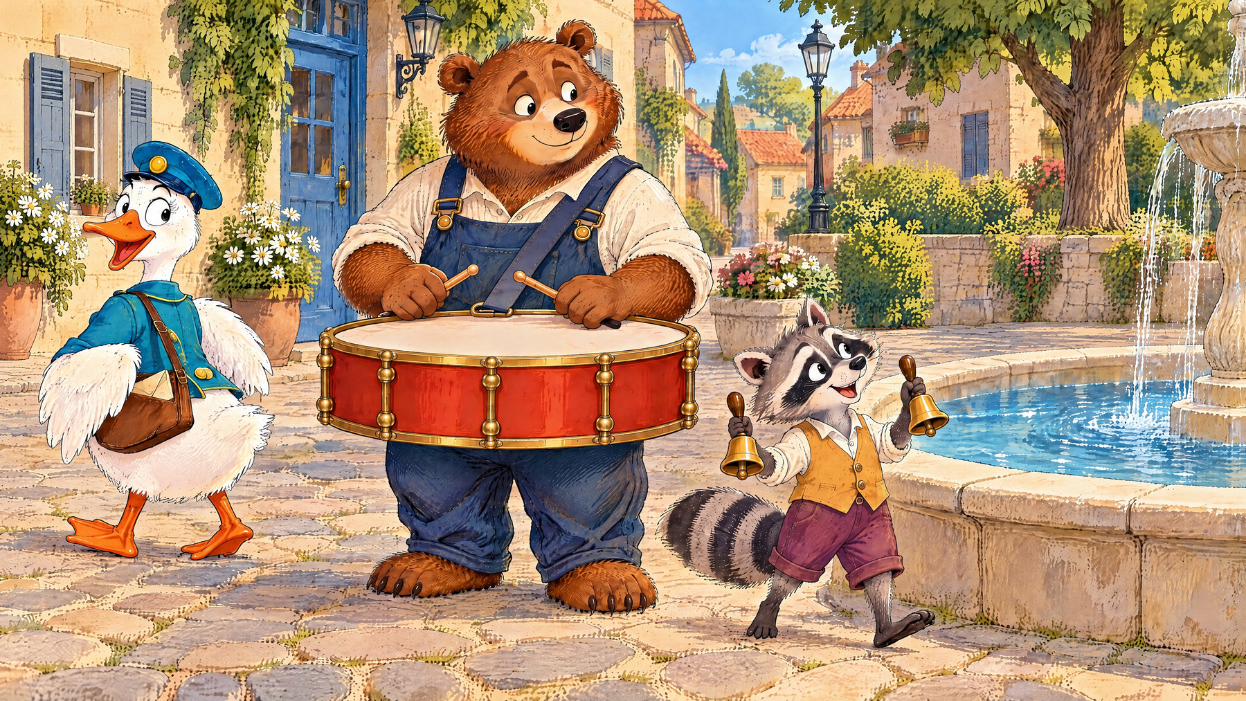 At the fountain Raccoon looks pleased while Goose looks back towards the bakery.