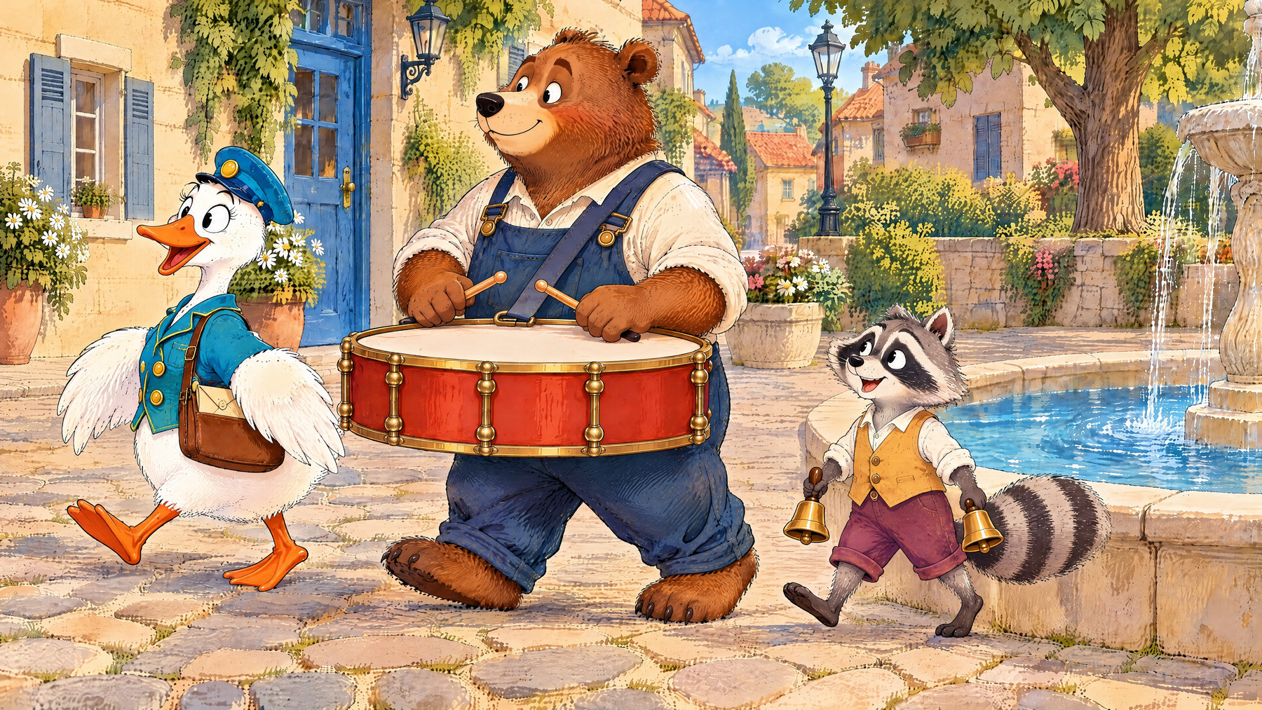 The three friends turn in their places at the fountain, making Goose the leader again.