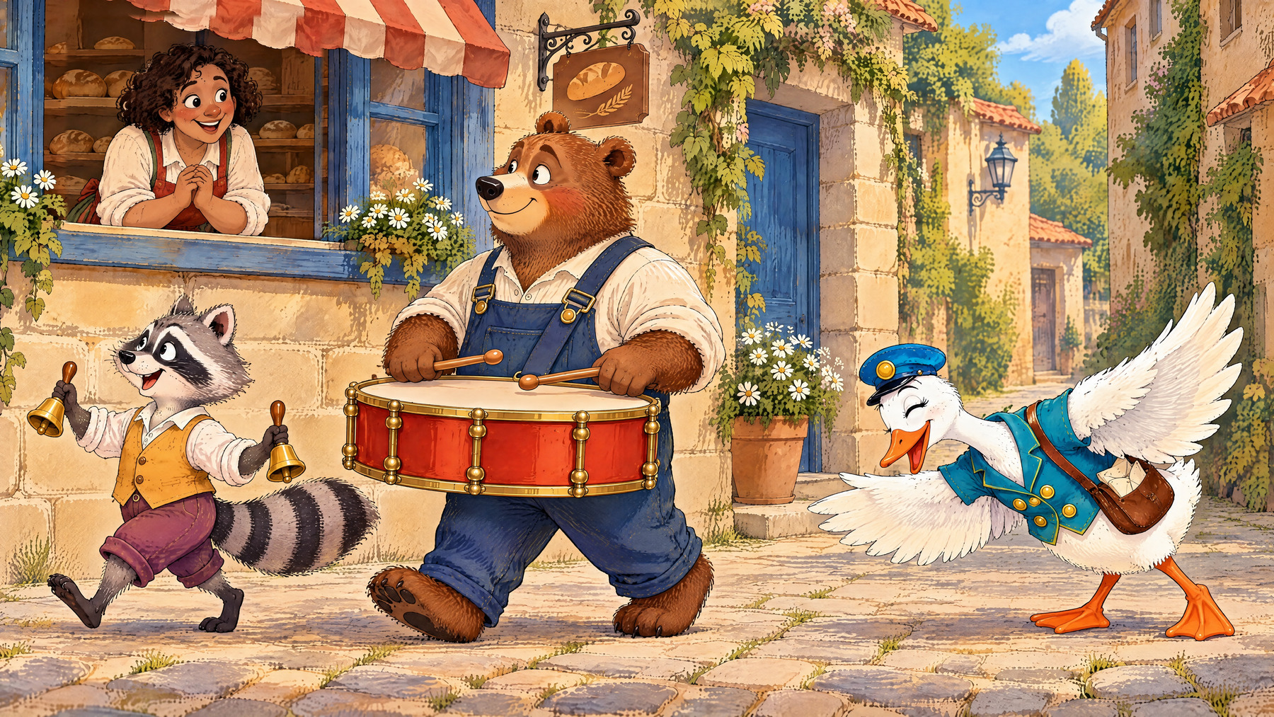 The friends turn for the fountain again while the baker watches from her window.