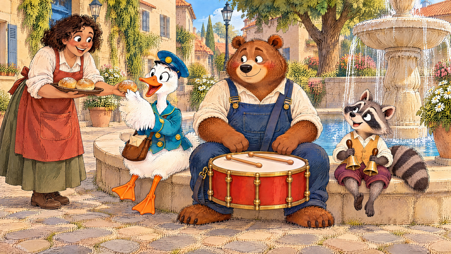 At the fountain the baker offers Goose one bun and keeps two on her tray; Bear and Raccoon sit beside them.