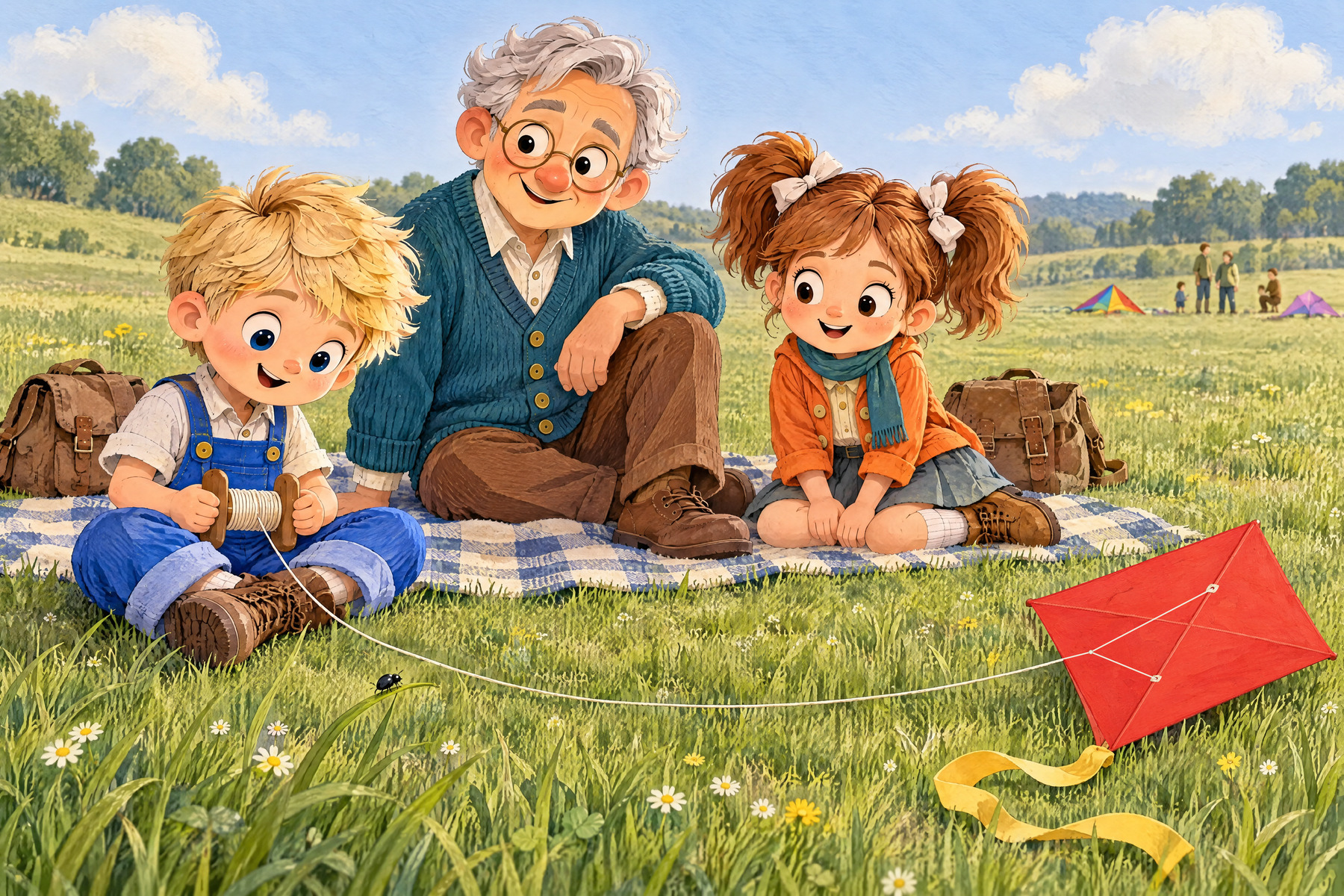 The three sit beside the resting kite and a small beetle.