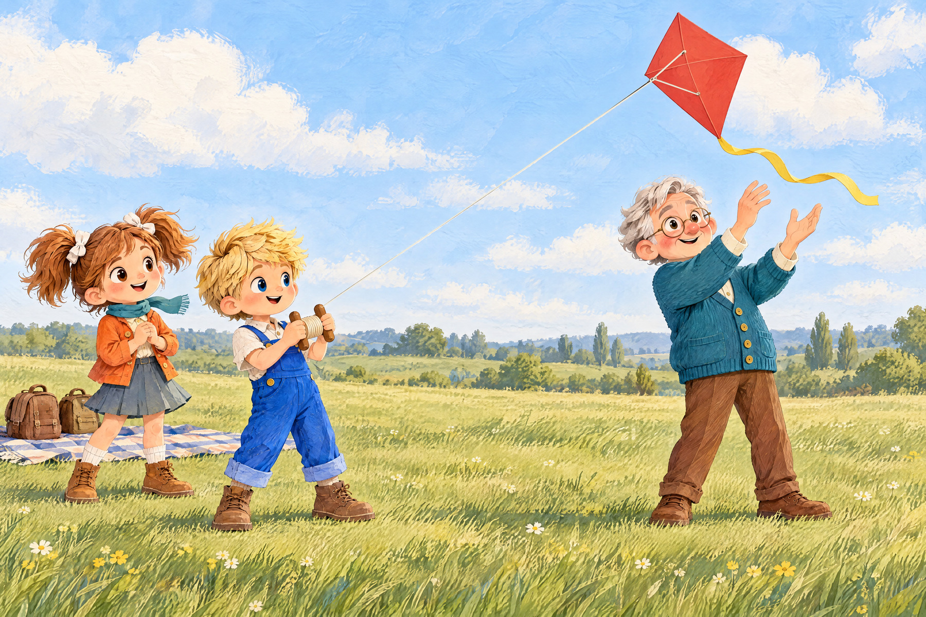 The kite lifts into the air as Papou releases it.