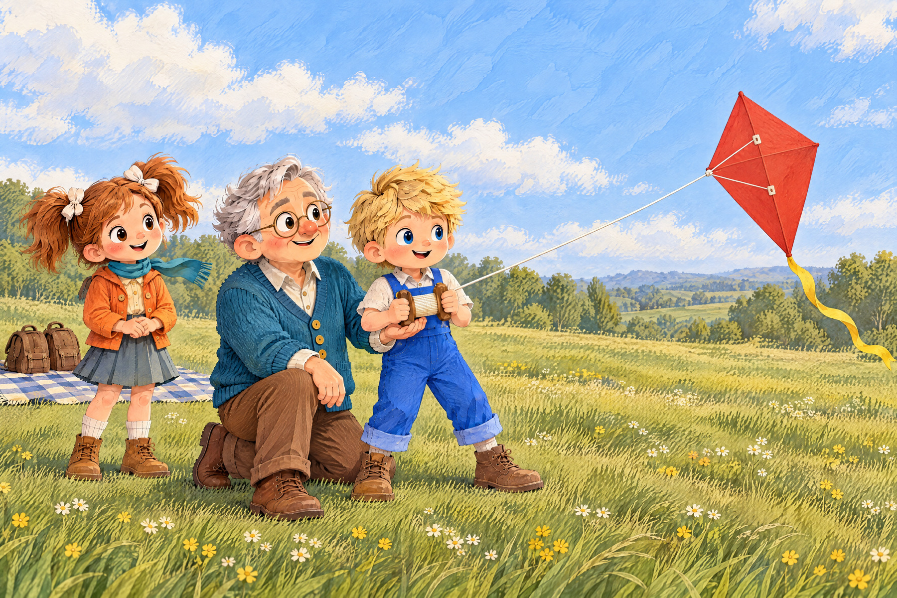 Papou helps John hold the reel while the kite flies.