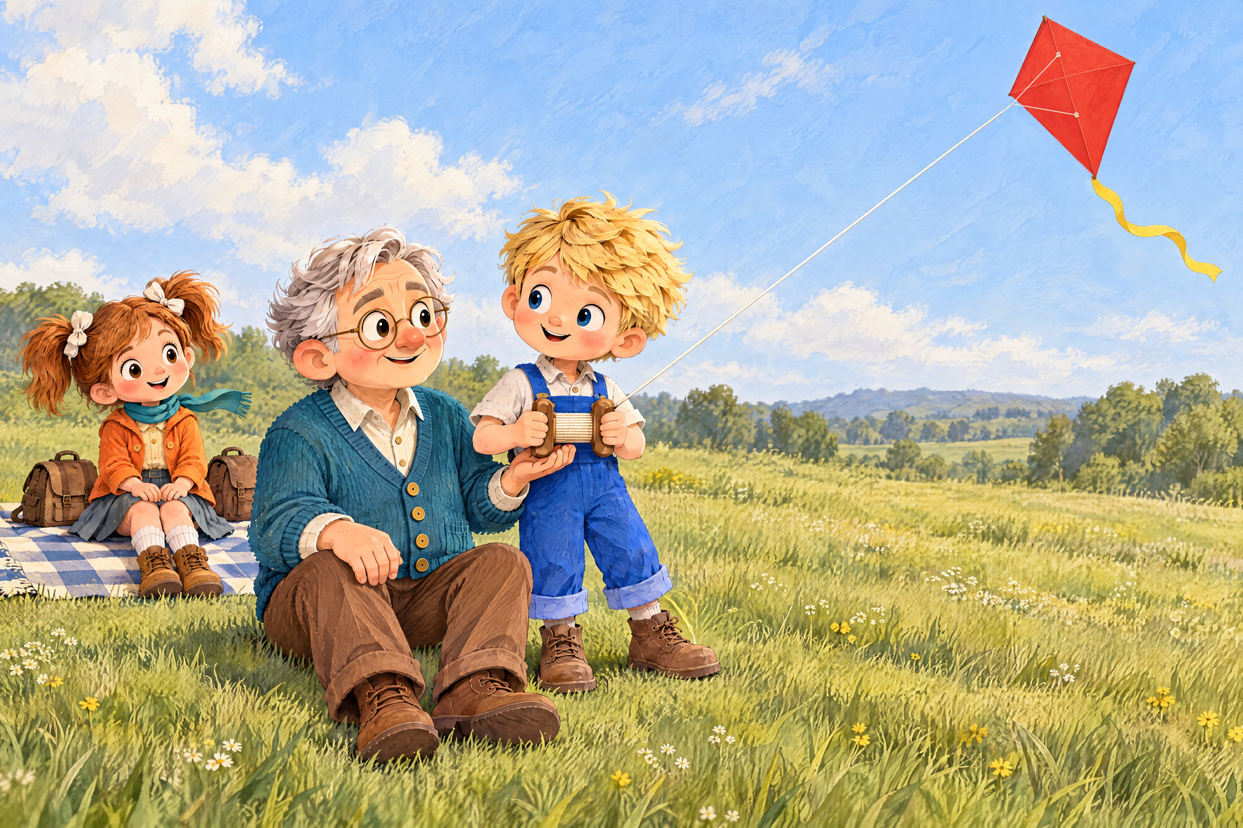 Papou settles on the grass beside John and the flying kite.