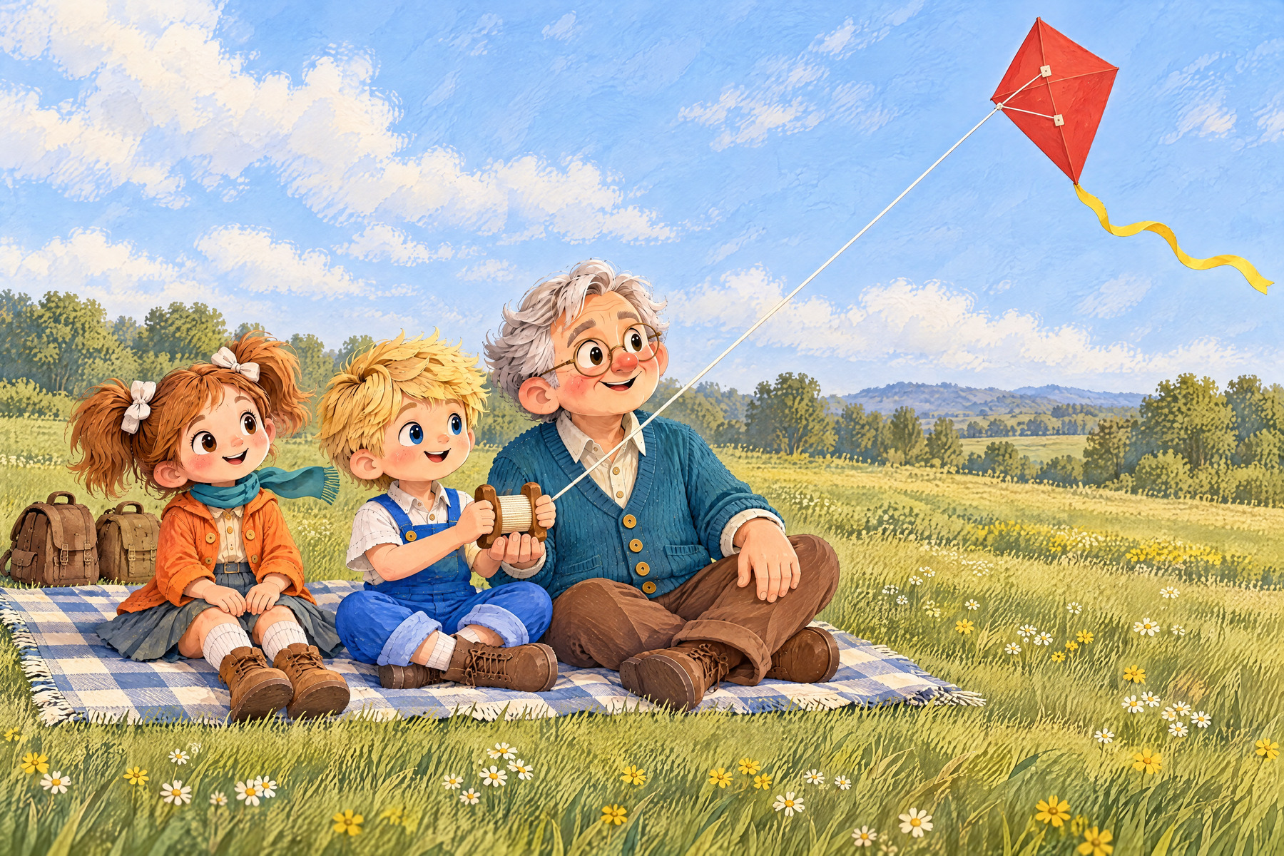 The three share the blanket beneath the flying kite.
