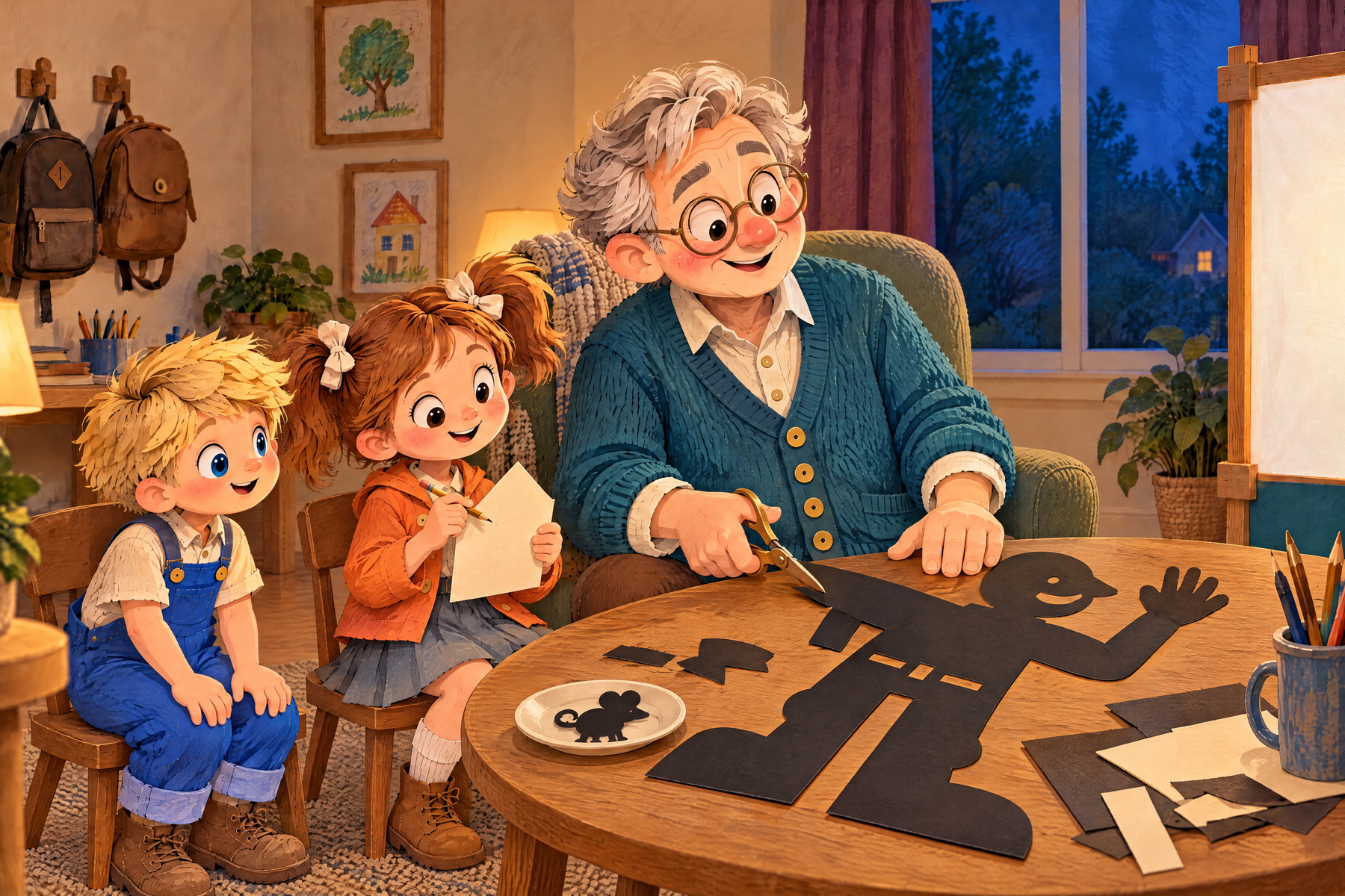 Julia draws the mouse house while Papou helps cut the large cardboard giant.