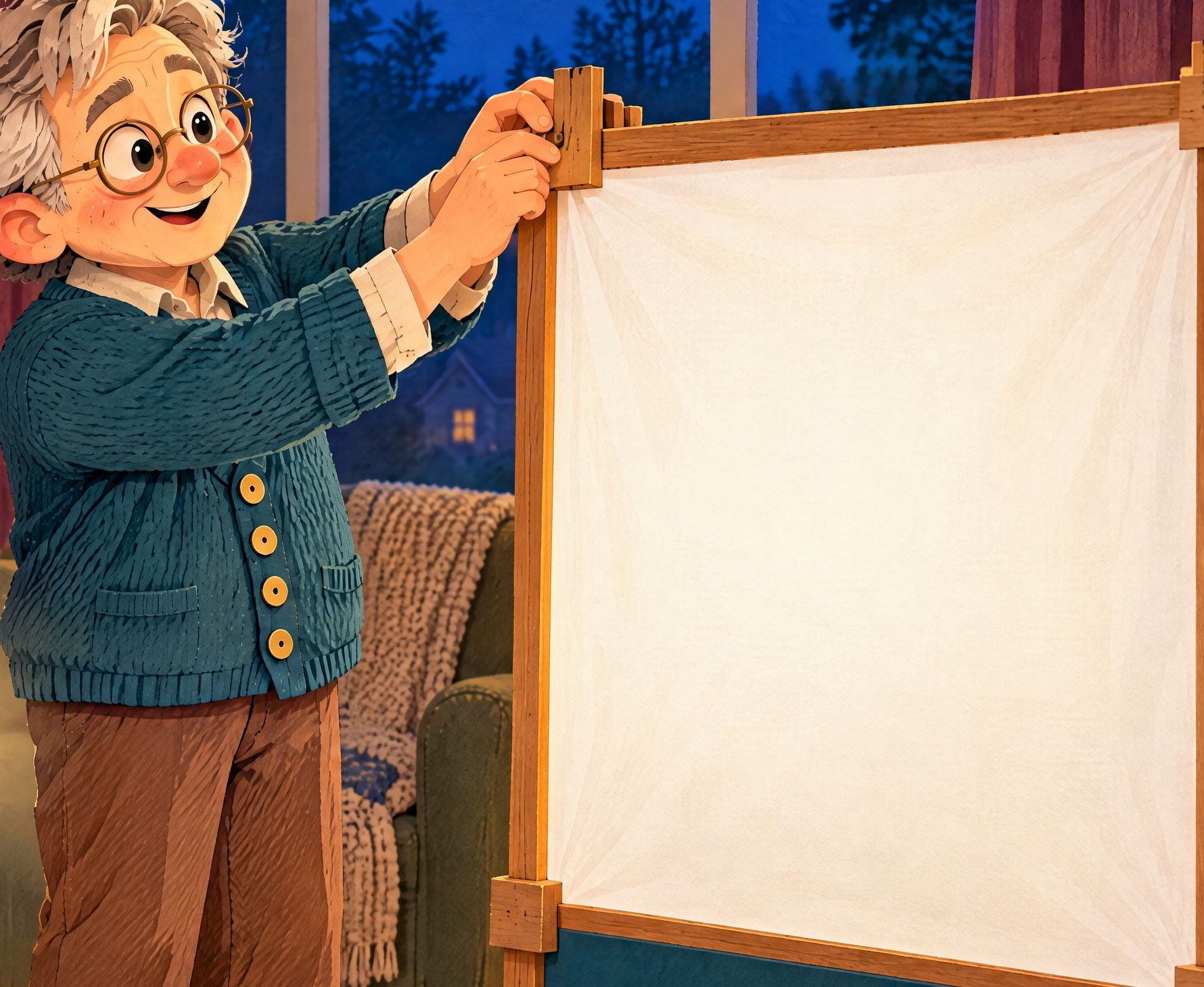 Papou clips a white sheet to the little wooden stage.