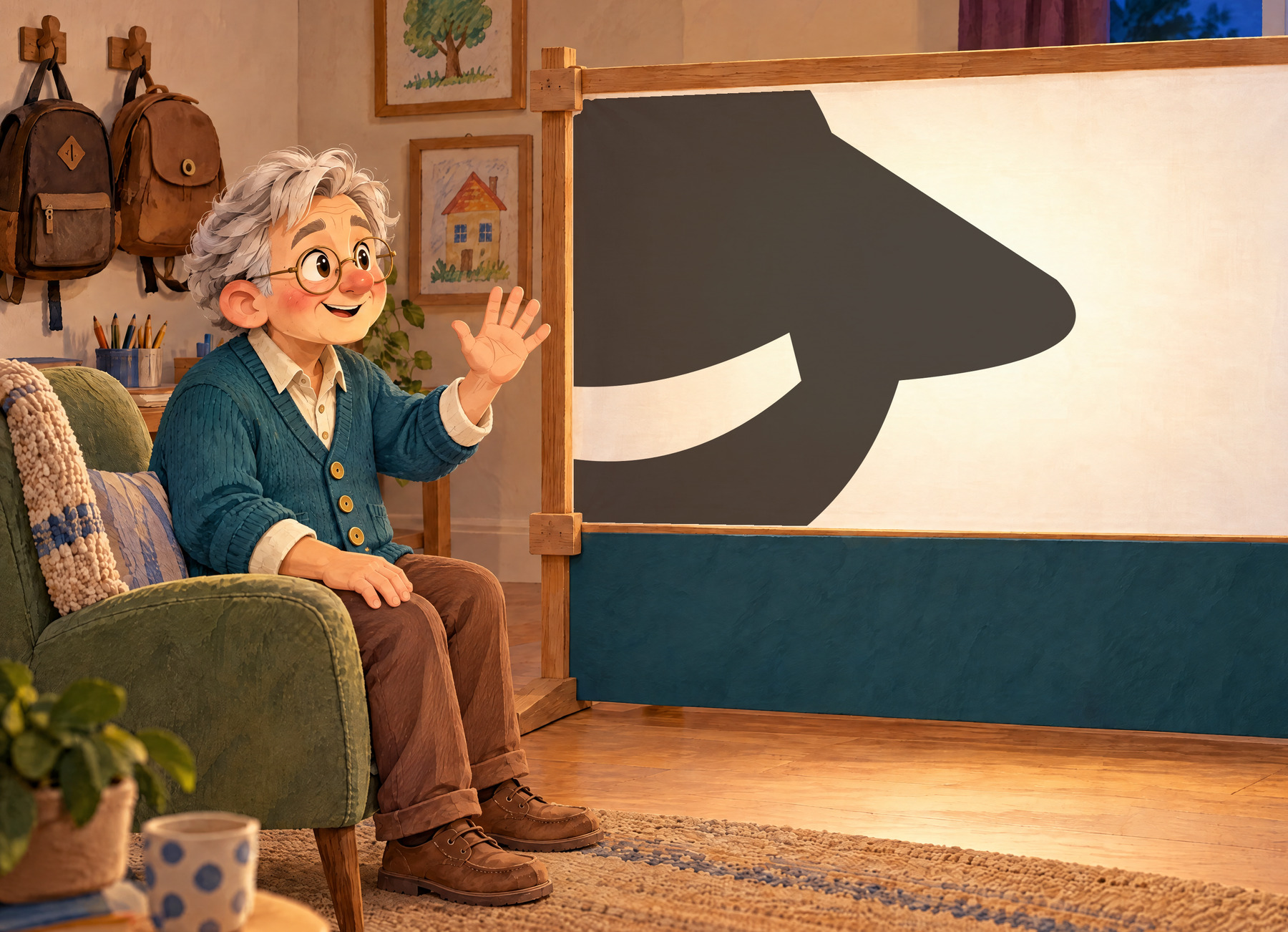 Papou politely greets the giant nose filling the stage.
