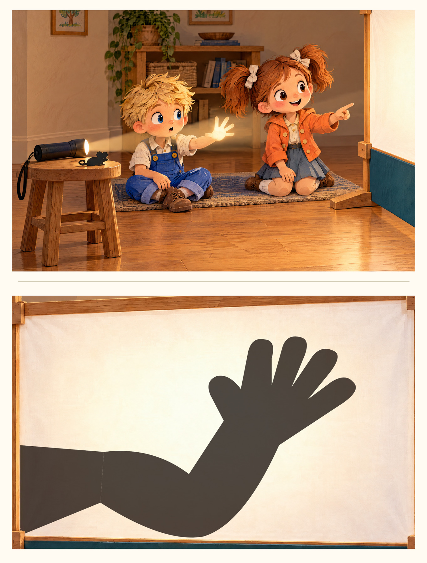 Separate stacked views show John’s spread hand in the light beam and the huge hand shadow on the audience side.