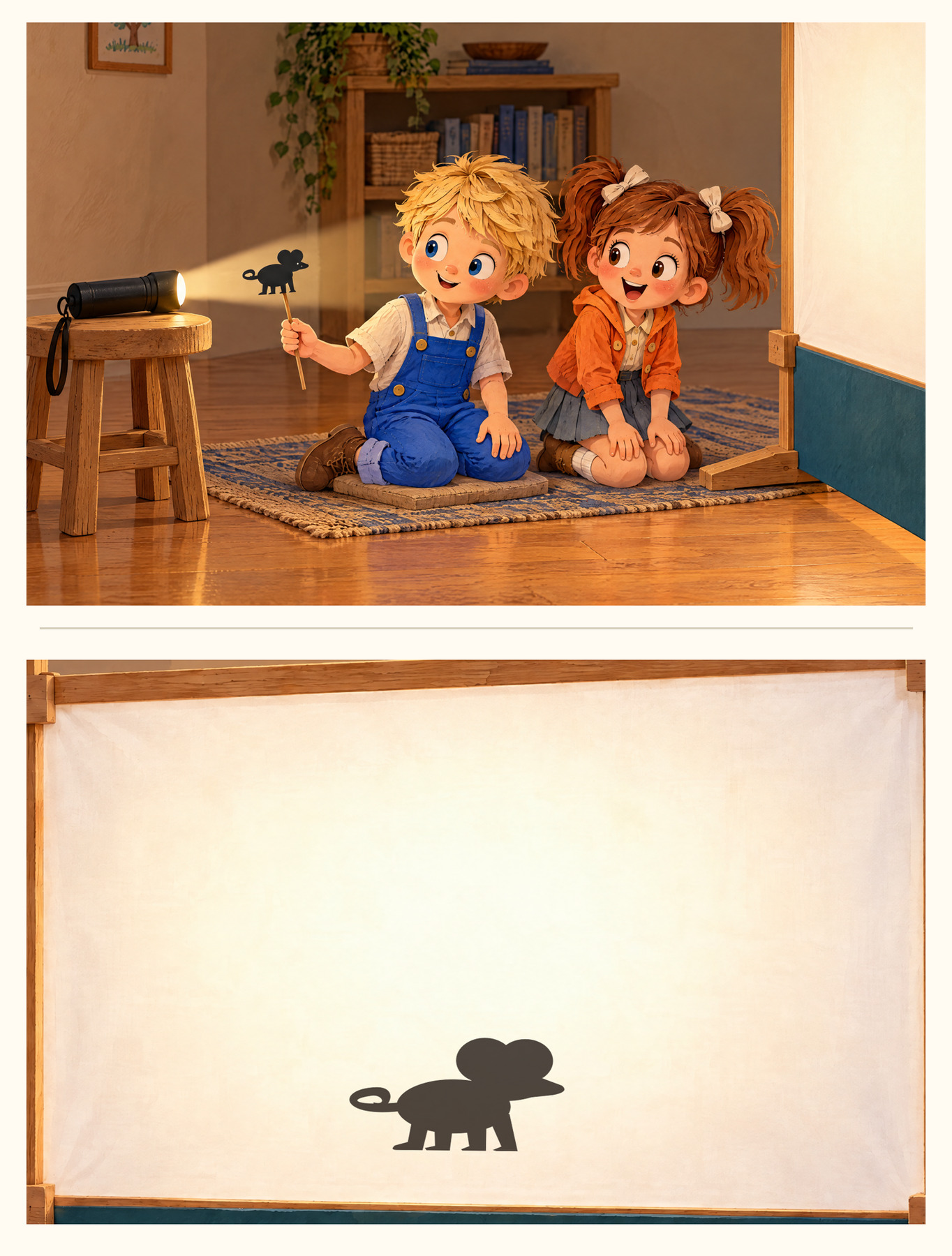 John holds the mouse near the light; the separate audience view shows its large shadow.