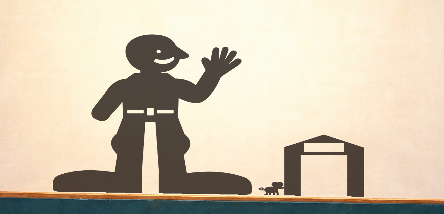 The mouse waits at its open house; the giant has a boot wider than the whole house.