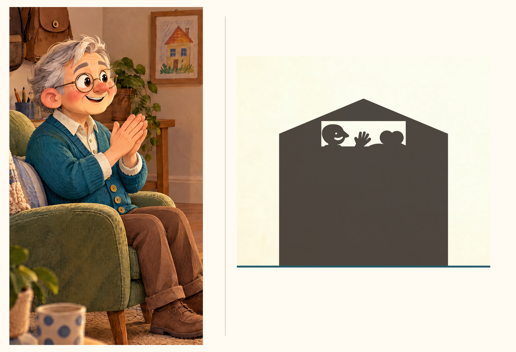 Separate close views show Papou clapping and the giant and mouse at the house window.