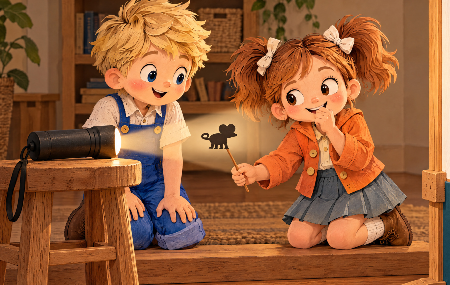 Julia grins and holds the little mouse beside the light.