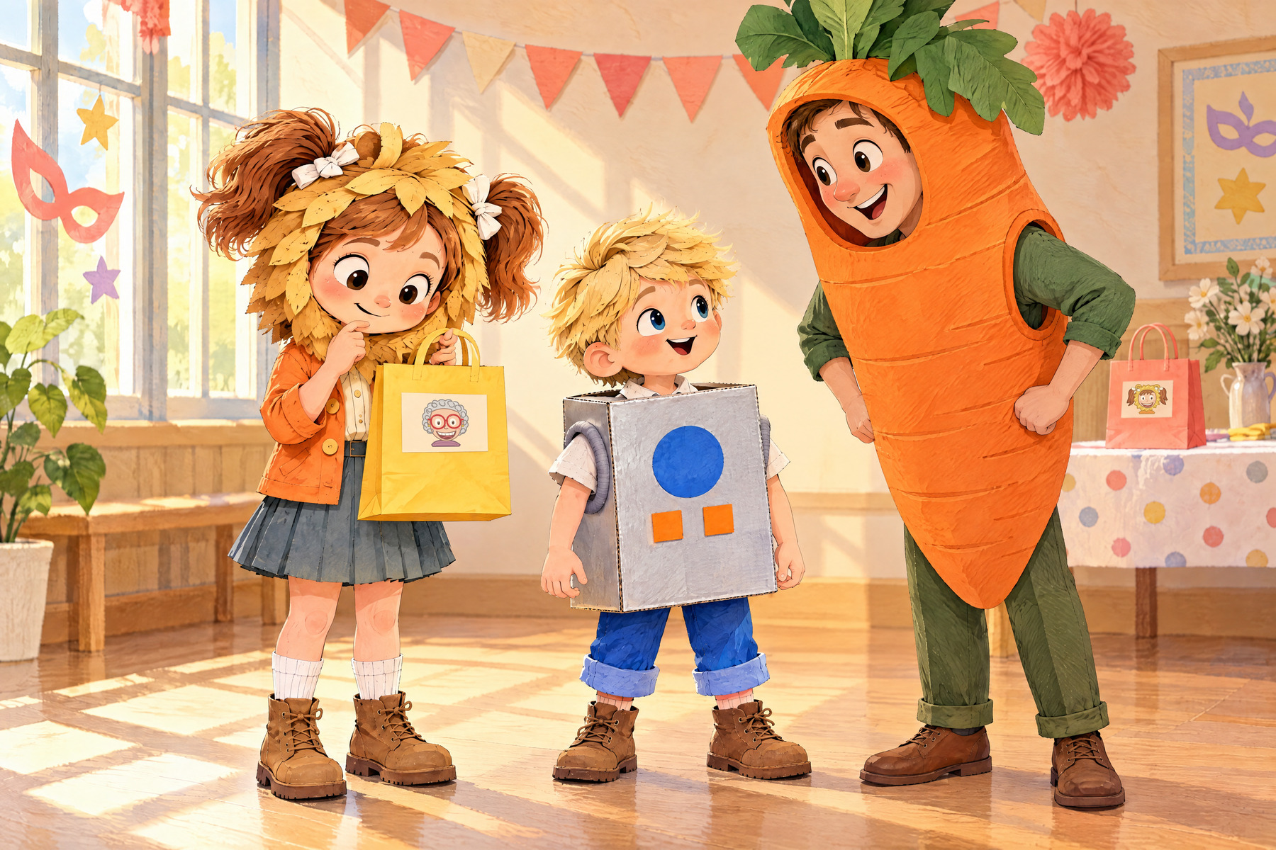 John and Julia look up at a carrot-costumed guest. Julia still holds the yellow gift.