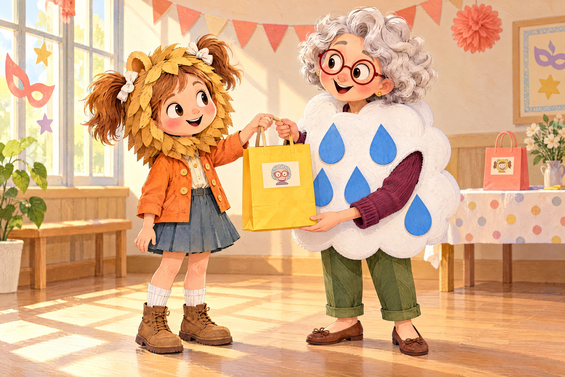 After the hug, Julia passes the yellow bag to Nana; Nana supports the bag’s base.