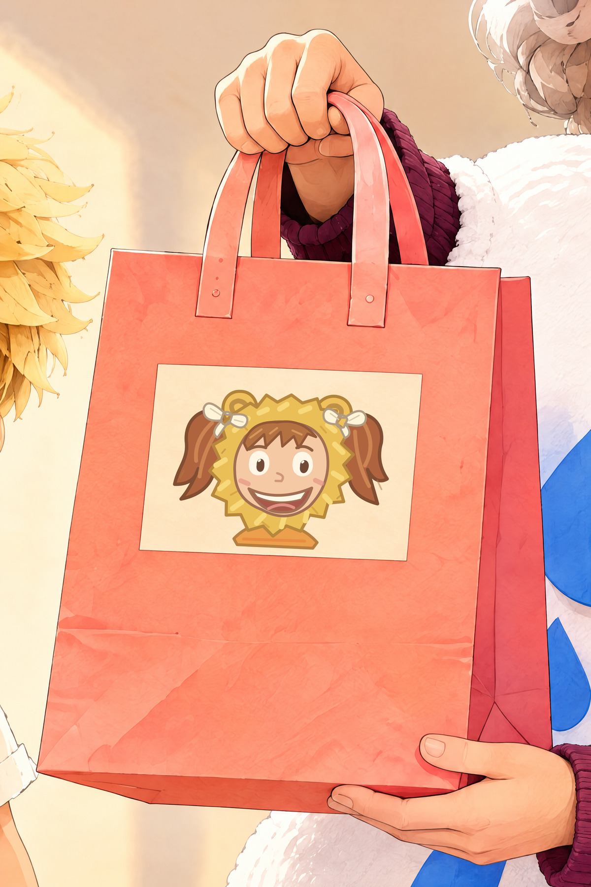 Close view: the coral bag’s label shows a smiling lion with Julia’s two brown pigtails and two ivory bows.