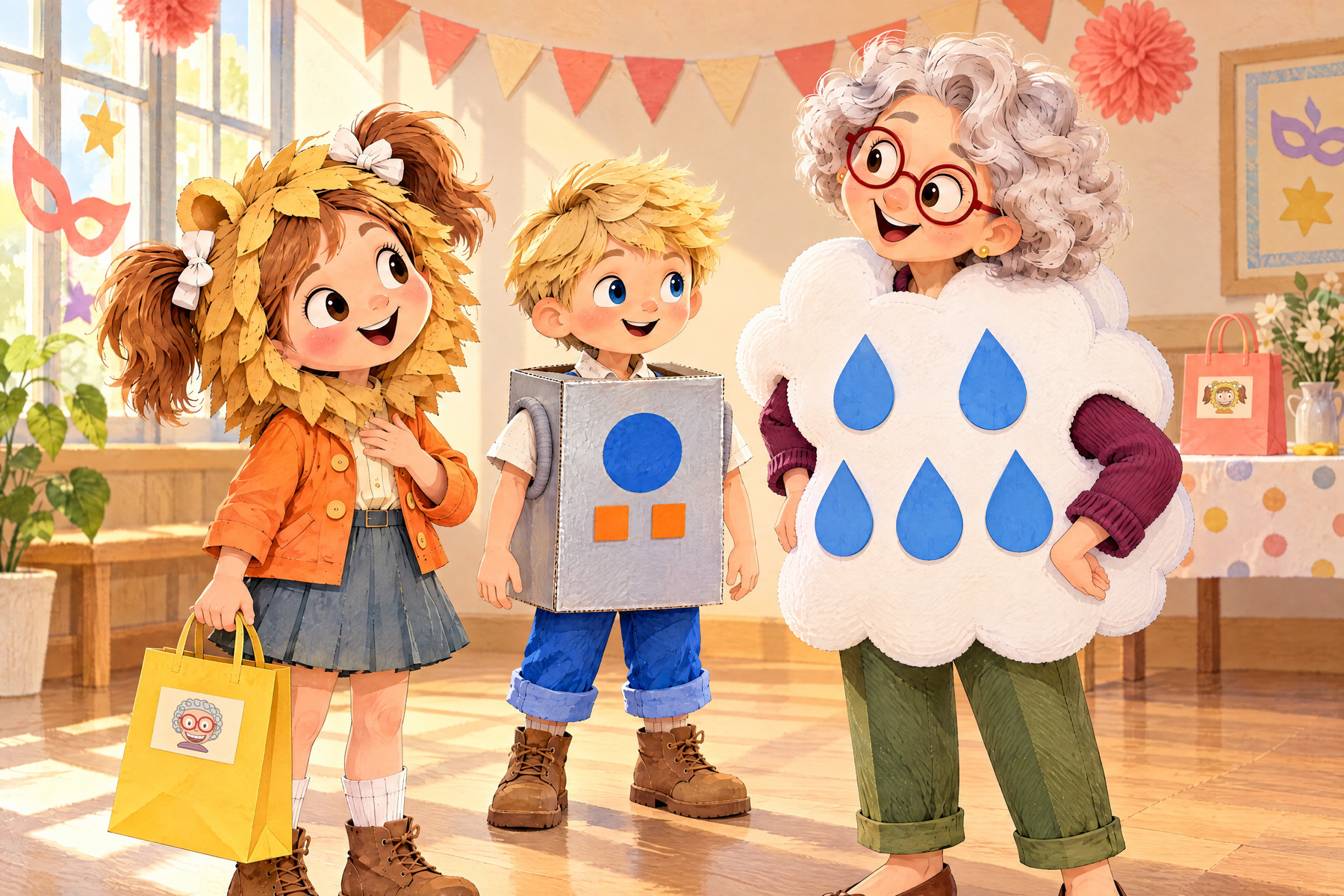 Julia recognizes Nana laughing above her cloud costume with five blue raindrops.