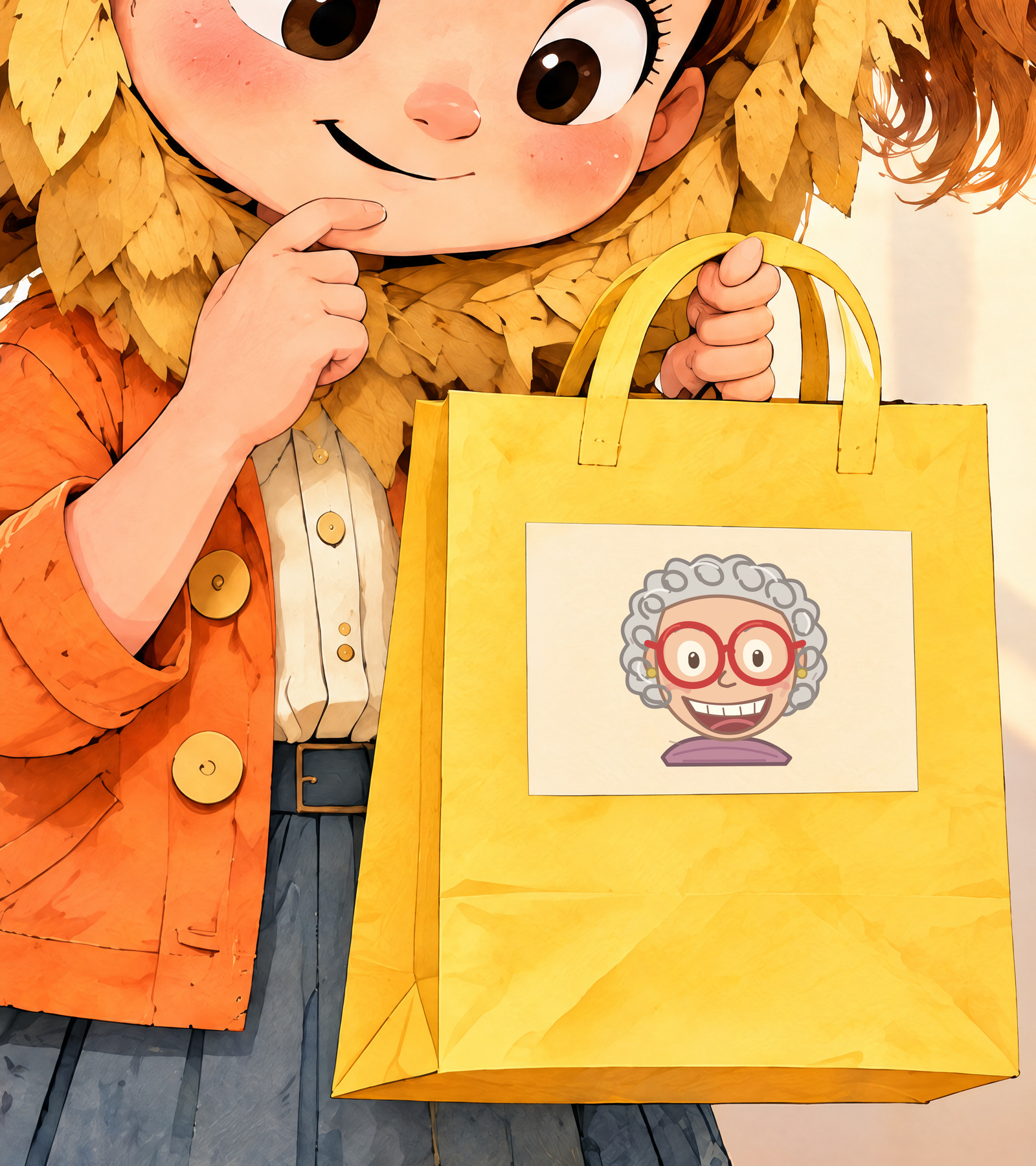 Julia studies the yellow bag’s portrait: round red glasses, curly silver hair and a toothy smile.
