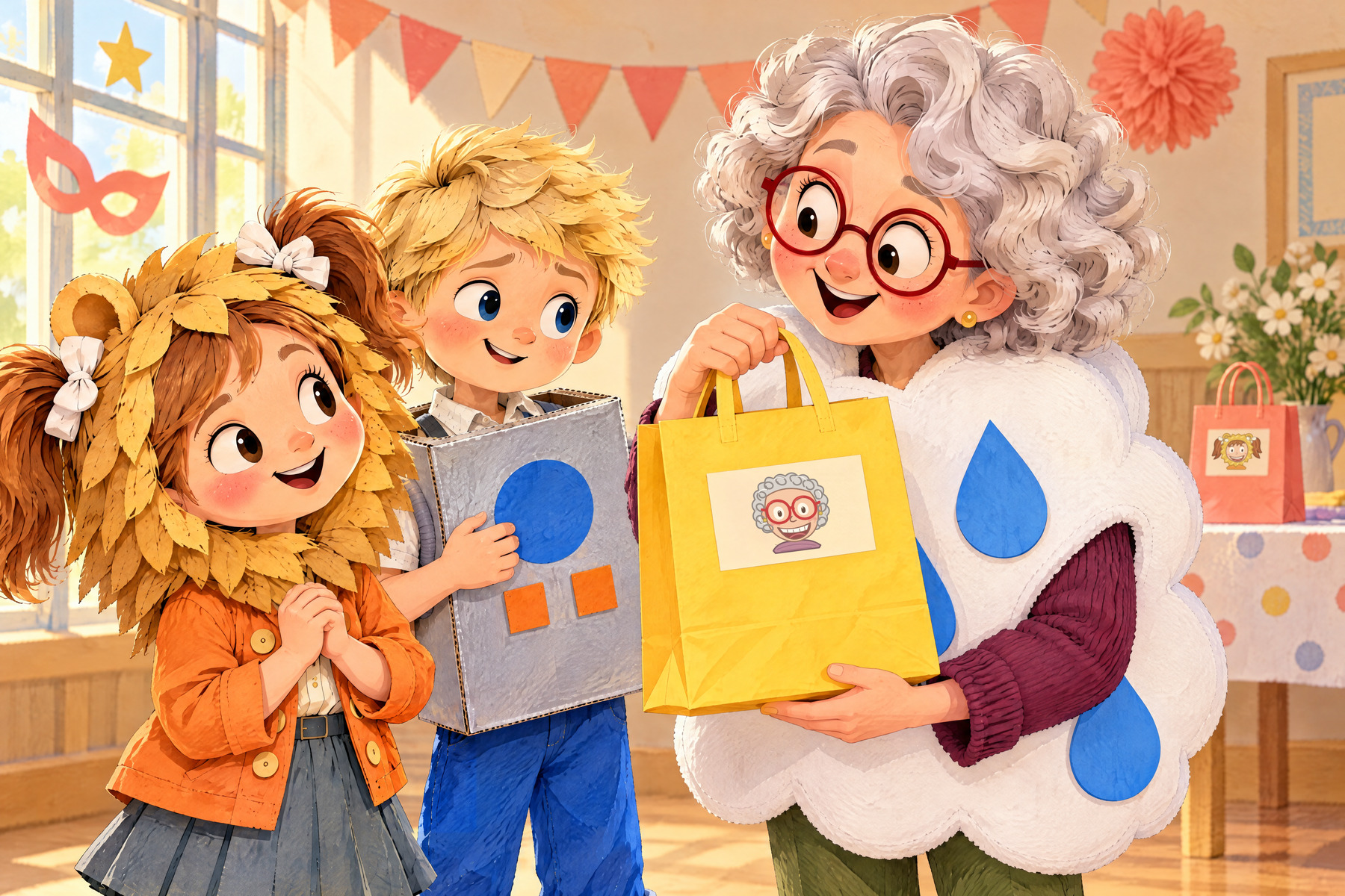 Nana holds the yellow bag and laughs while Julia clasps her own two hands and John watches.