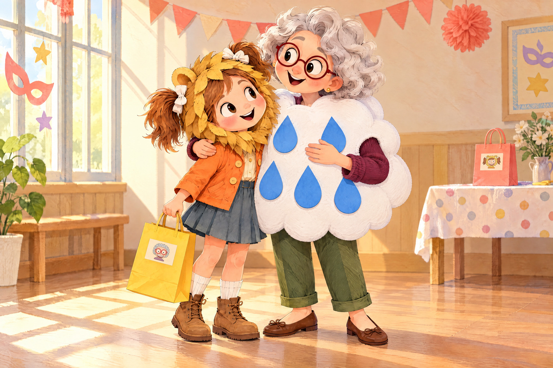Julia hugs Nana’s cloud while keeping the yellow bag in her outer hand.
