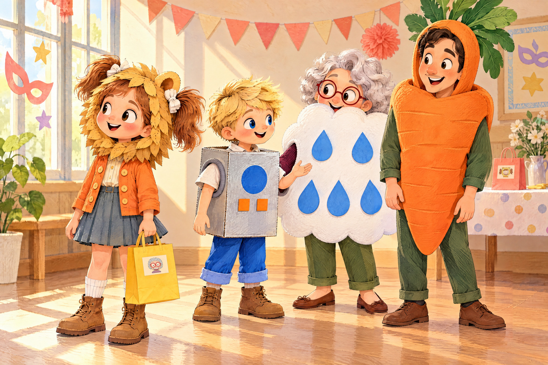 Behind the carrot, Nana’s red glasses peek above her white cloud costume. Julia looks away.