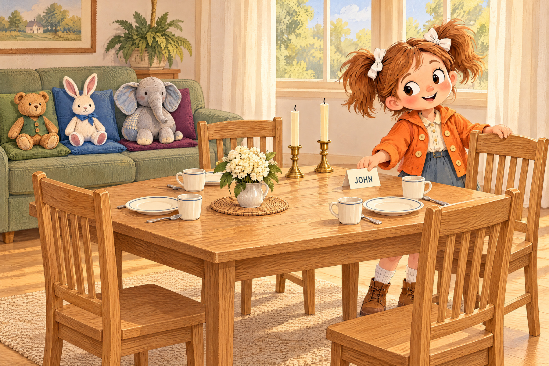 Julia sets John’s place at the table while three toys watch from the sofa.