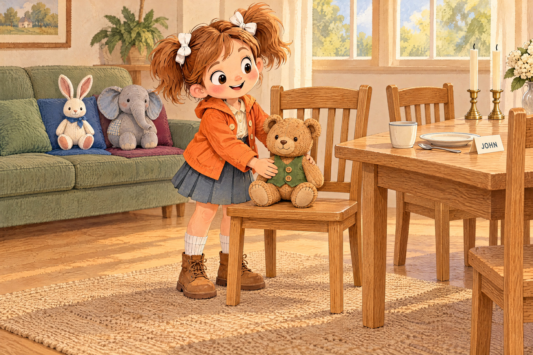 Julia places Bear in John’s chair.