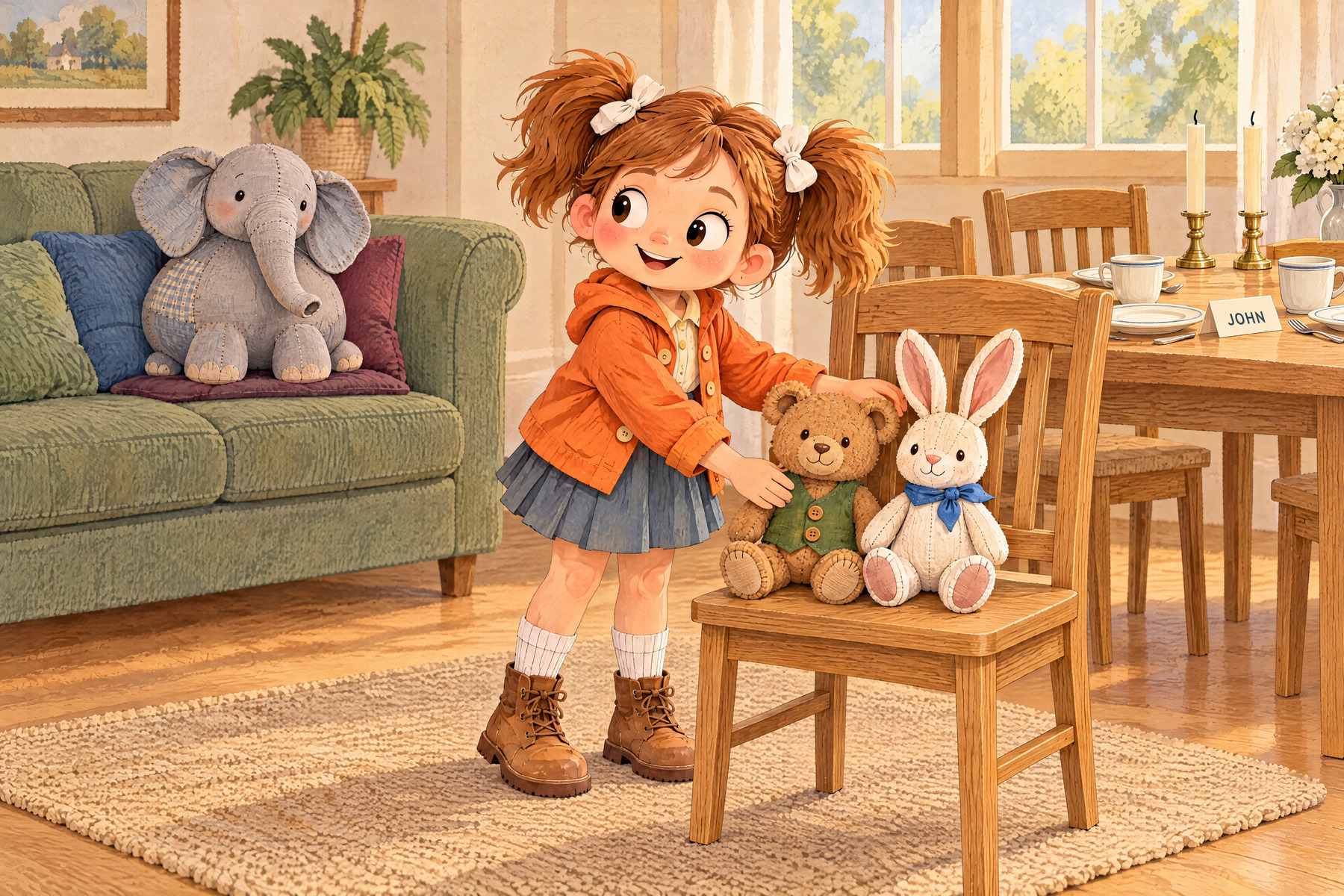 Bear and Bunny share the chair while Elephant waits on the sofa.