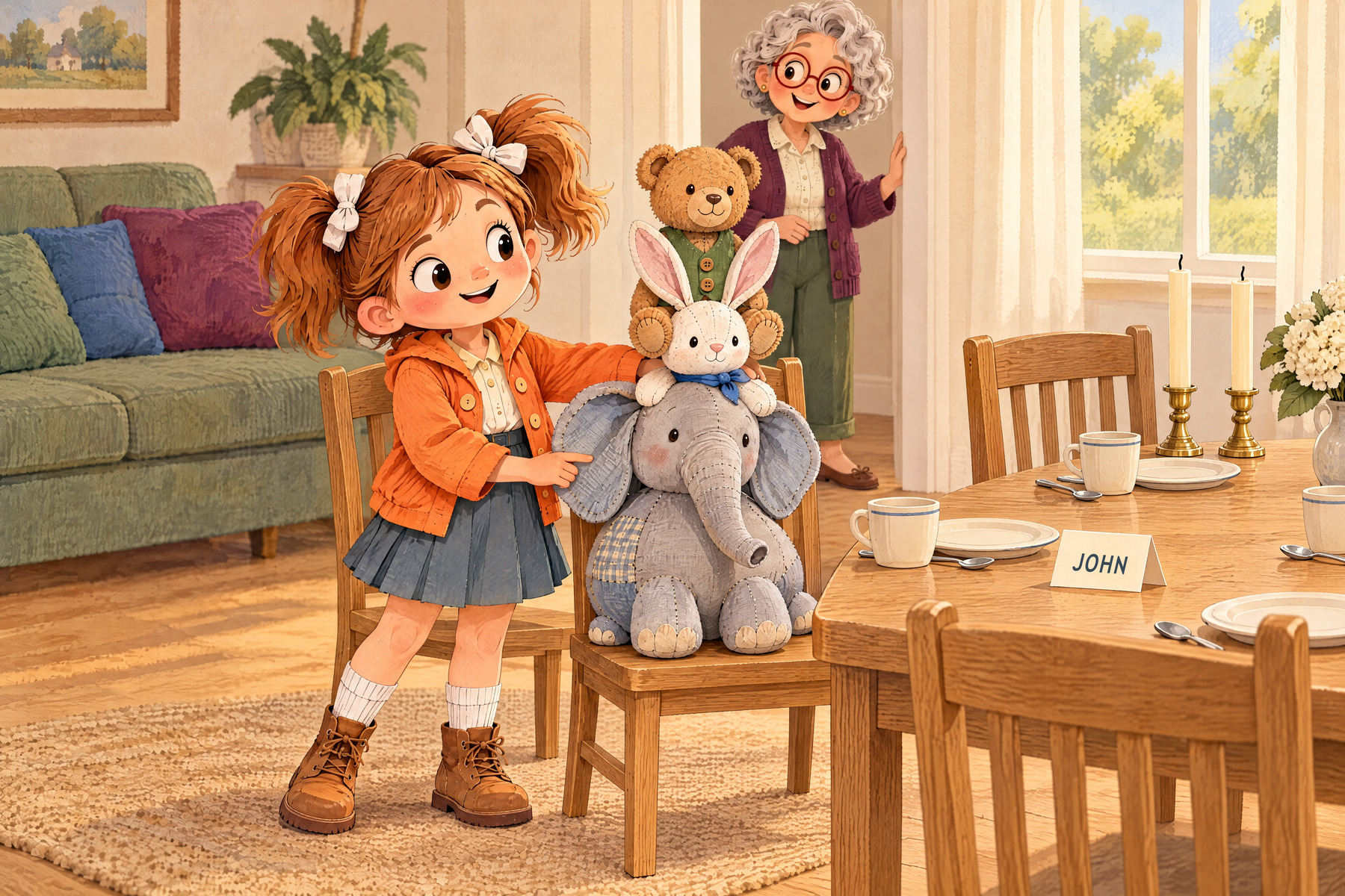 Bear sits on Bunny on Elephant, making a tall toy tower.