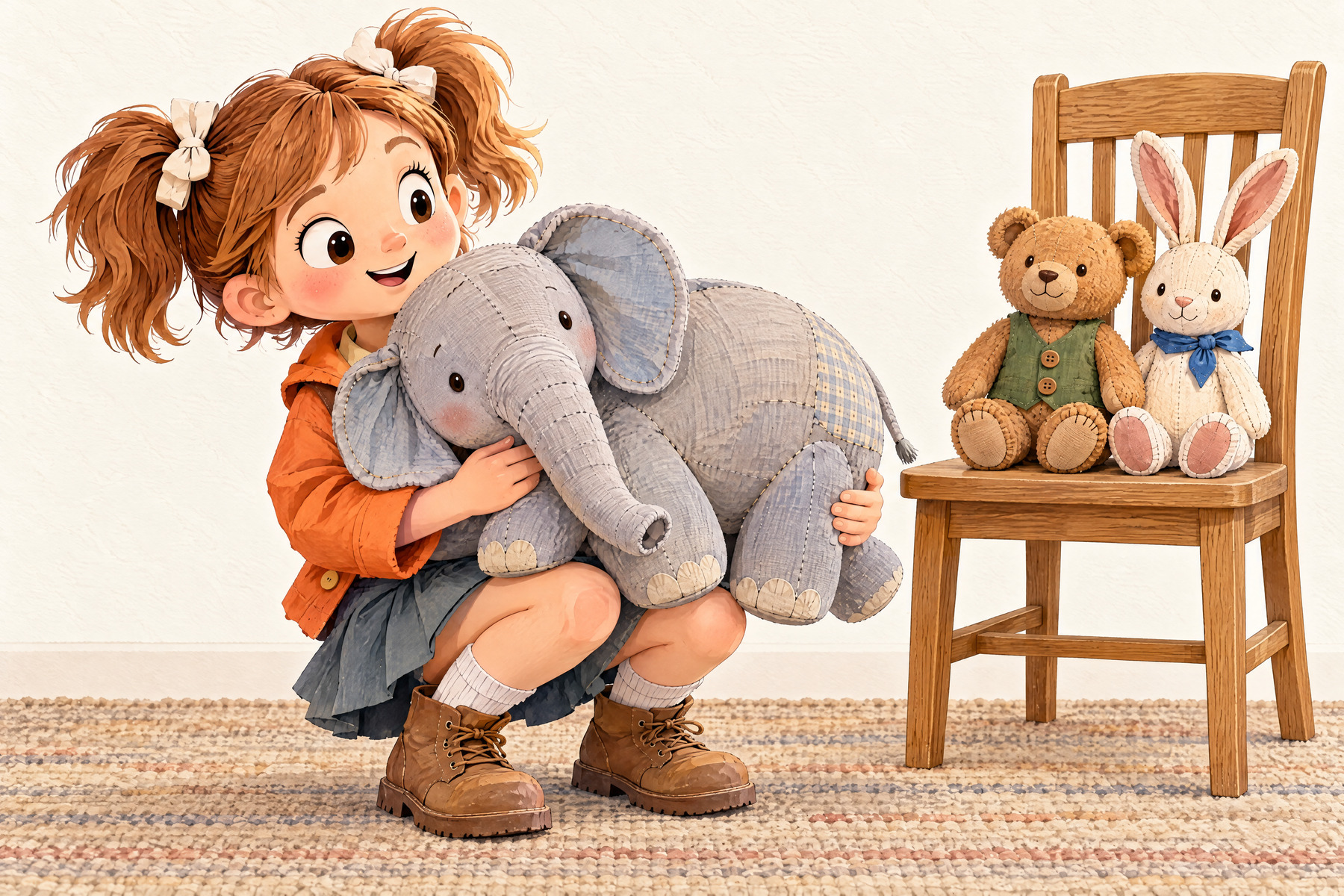 Julia crouches and catches Elephant with her hands and knees.