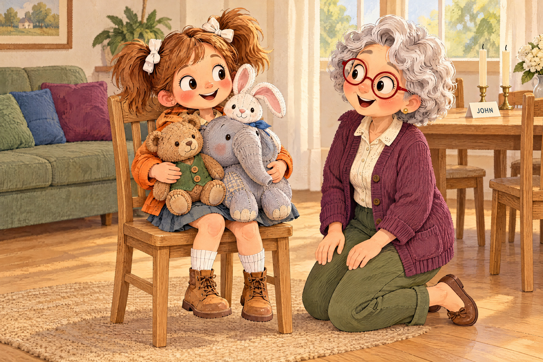 Julia holds the three toys in her lap while Nana kneels beside her.
