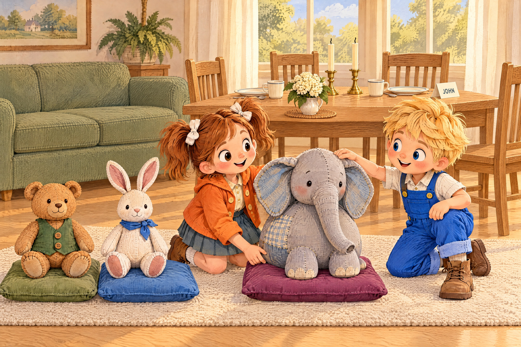 The three toys each have their own cushion on the rug.