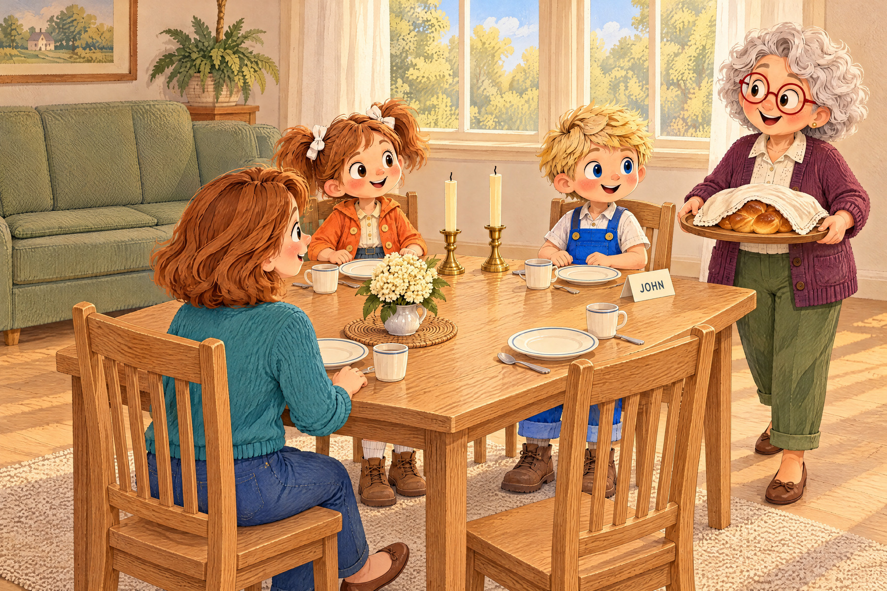 Nana brings the covered challah to the table.