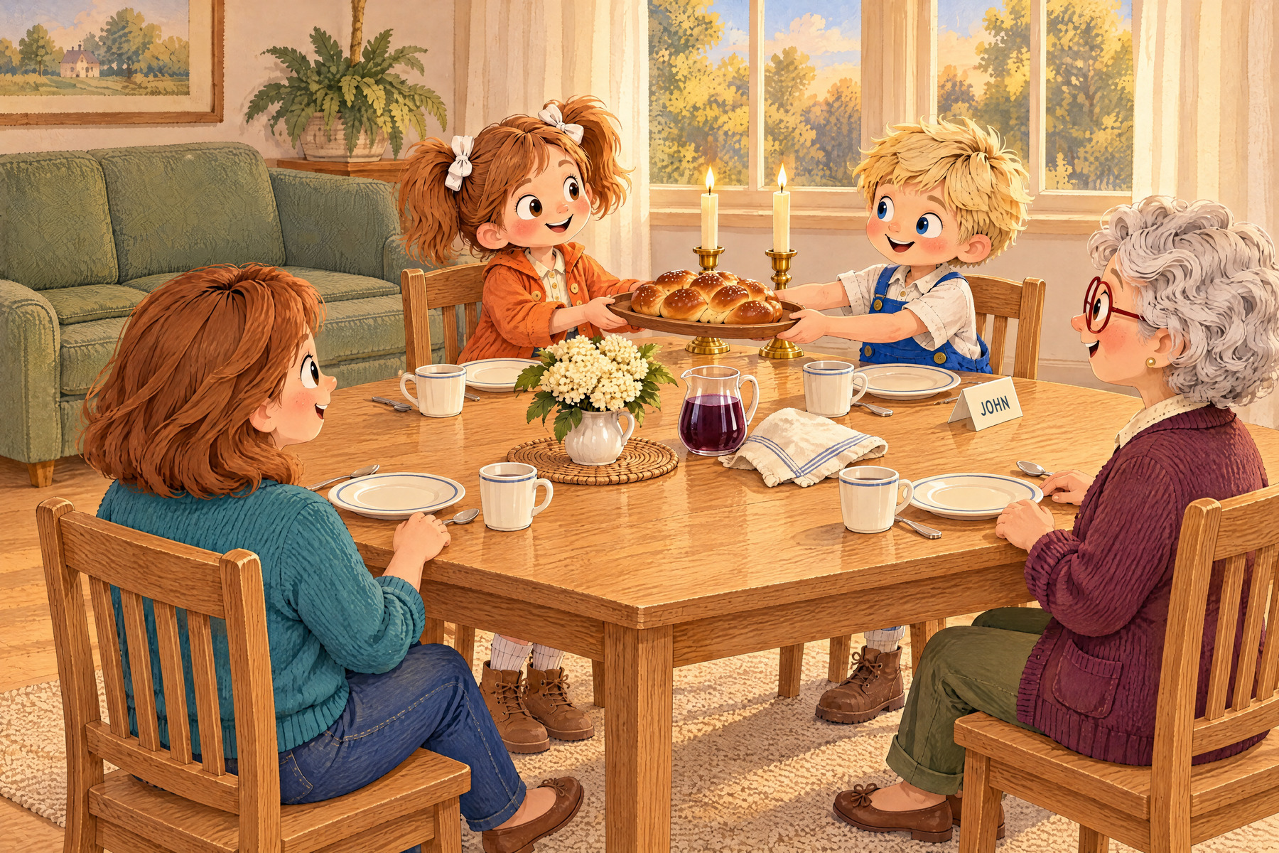 John and Julia share the challah at the table.