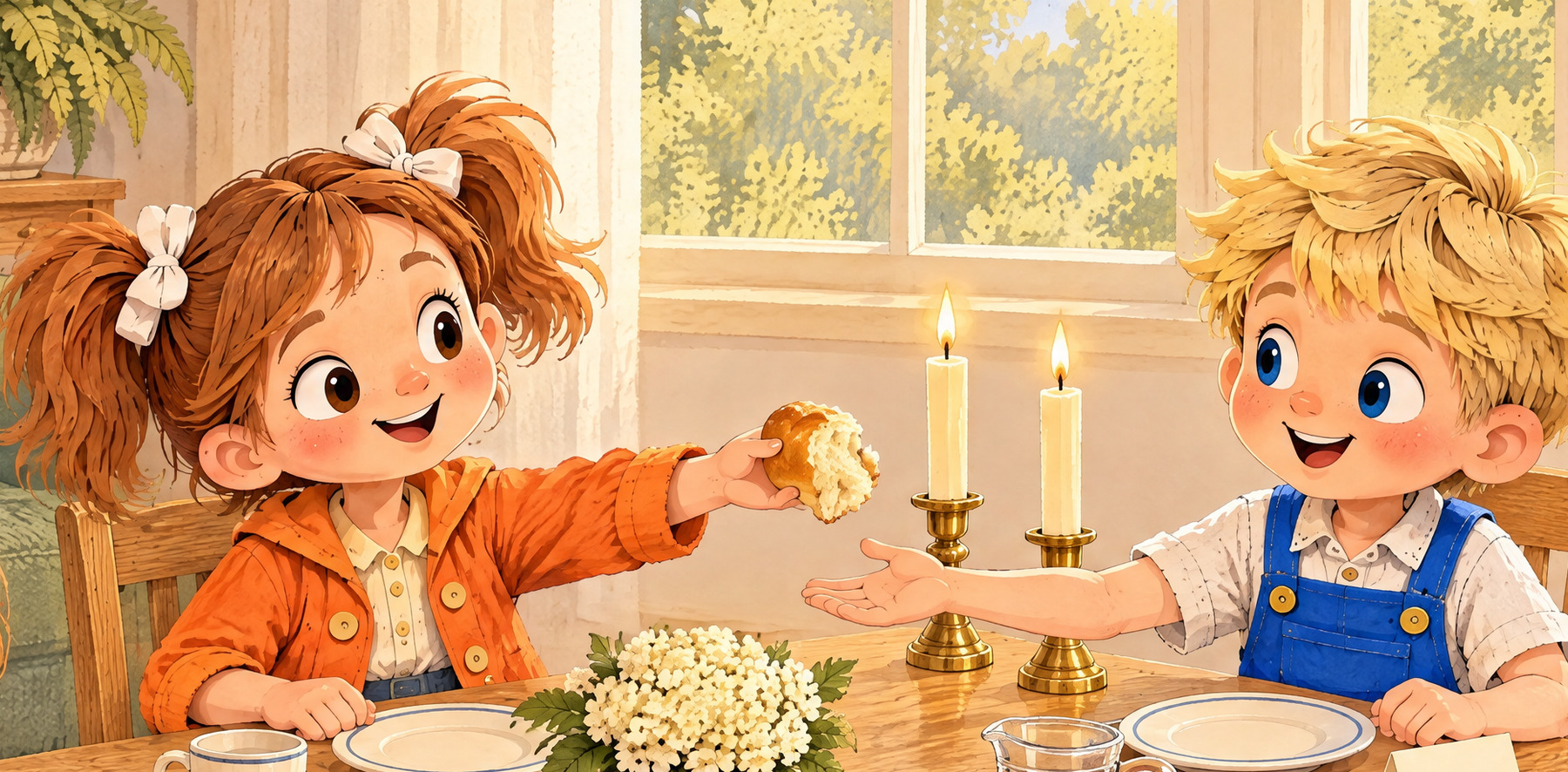 Julia offers John a piece of challah.