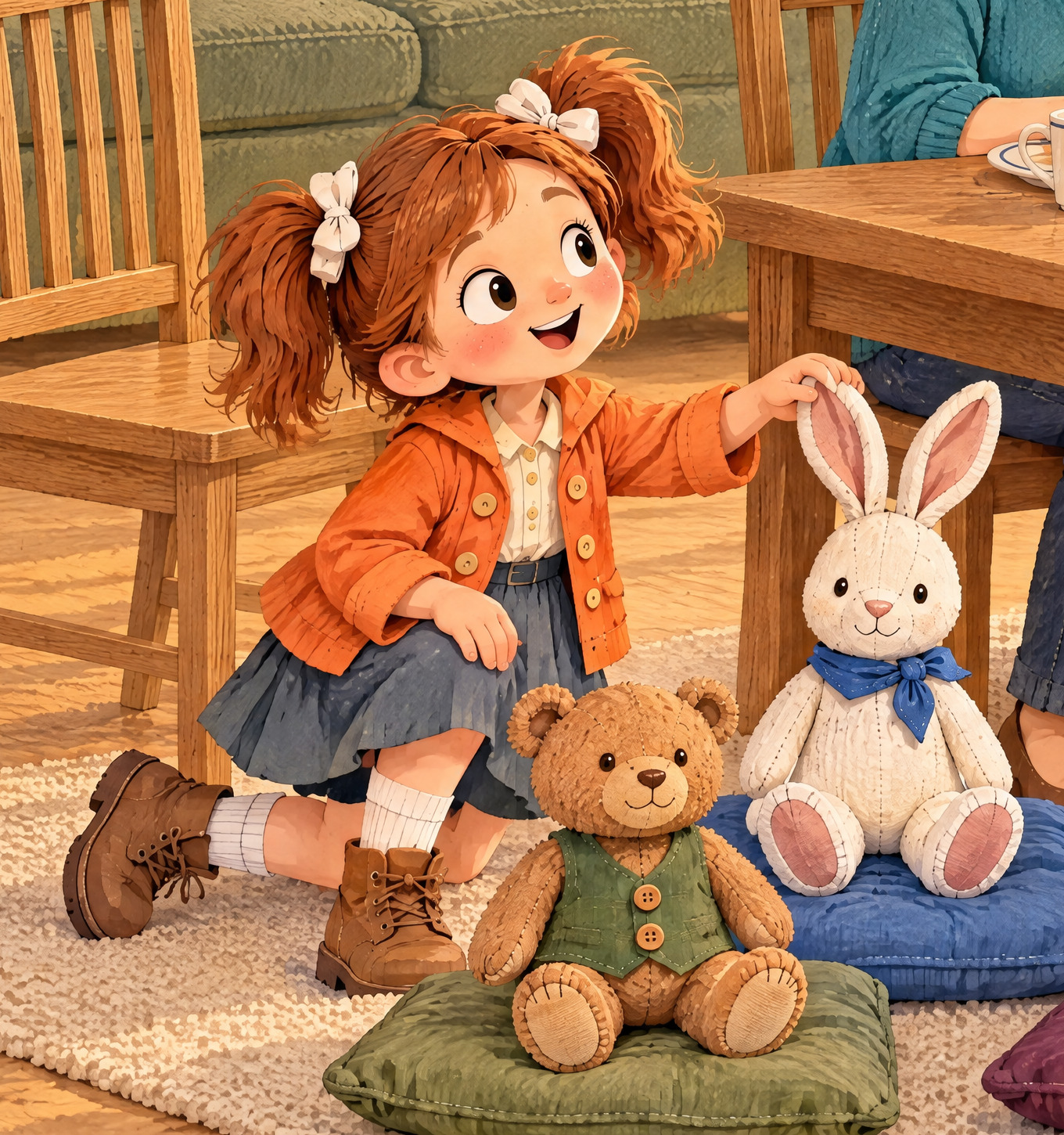 Julia holds Bunny’s ear up while she sings her welcome song.