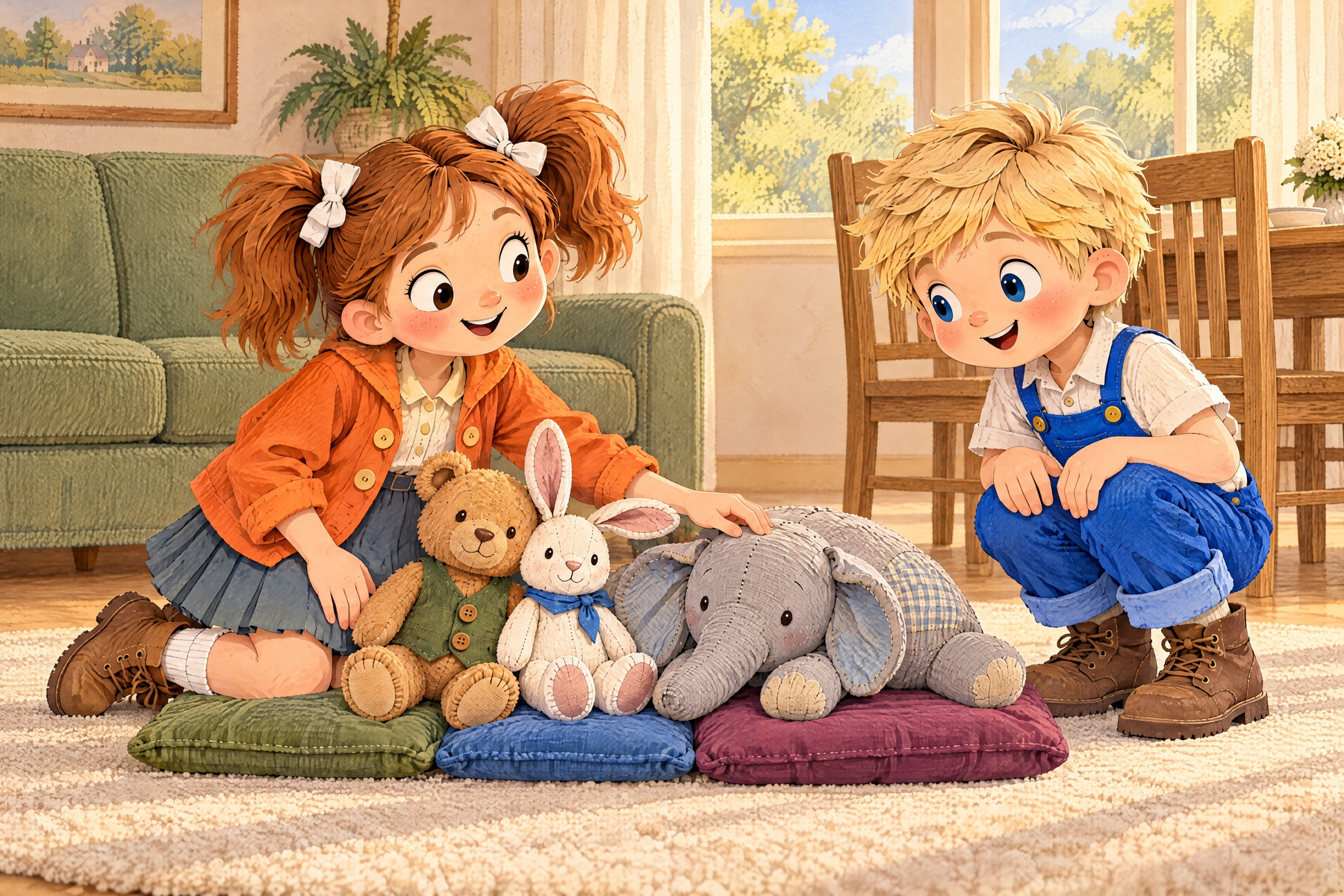 John and Julia settle the three toys comfortably on their cushions.