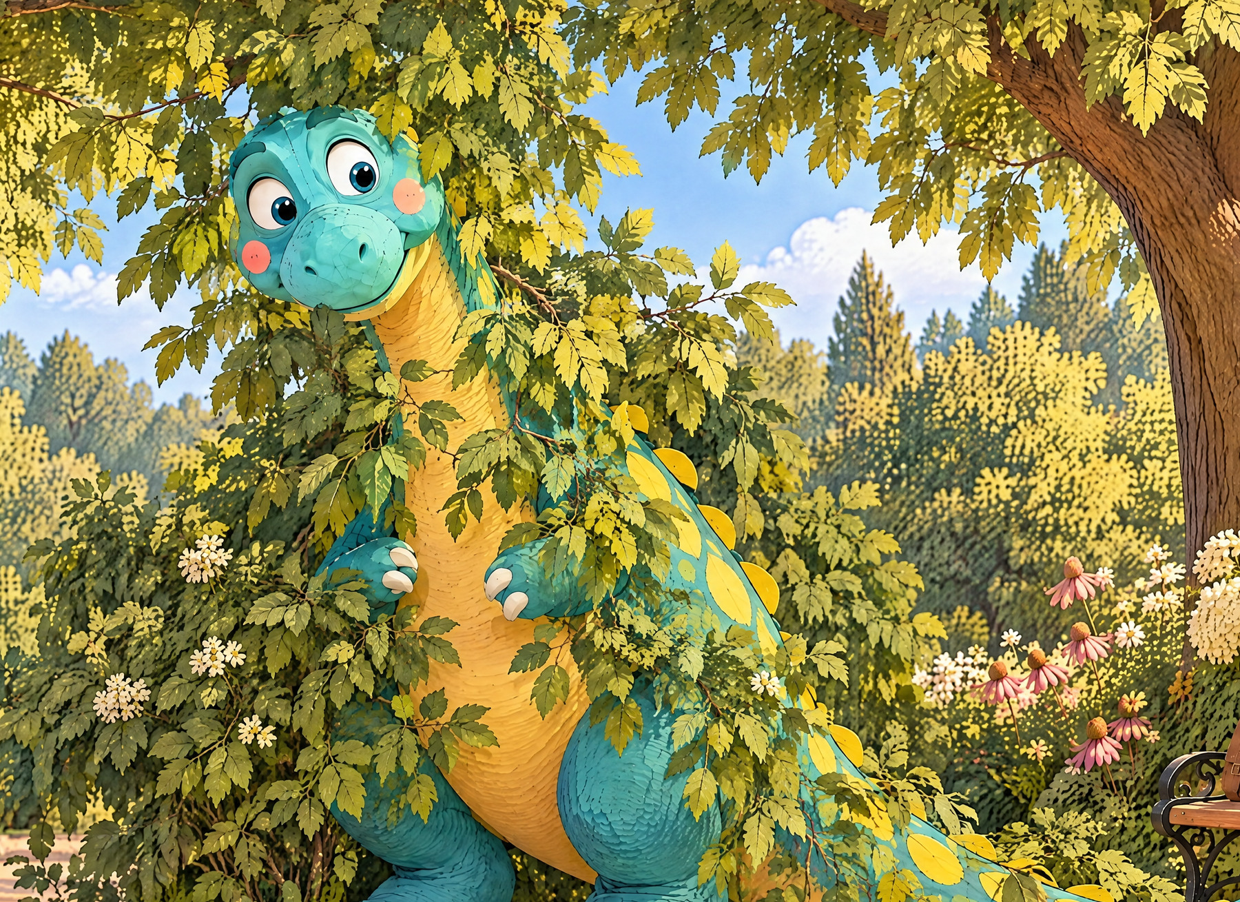 Mabel stays very quiet among leafy branches, with her mouth closed.