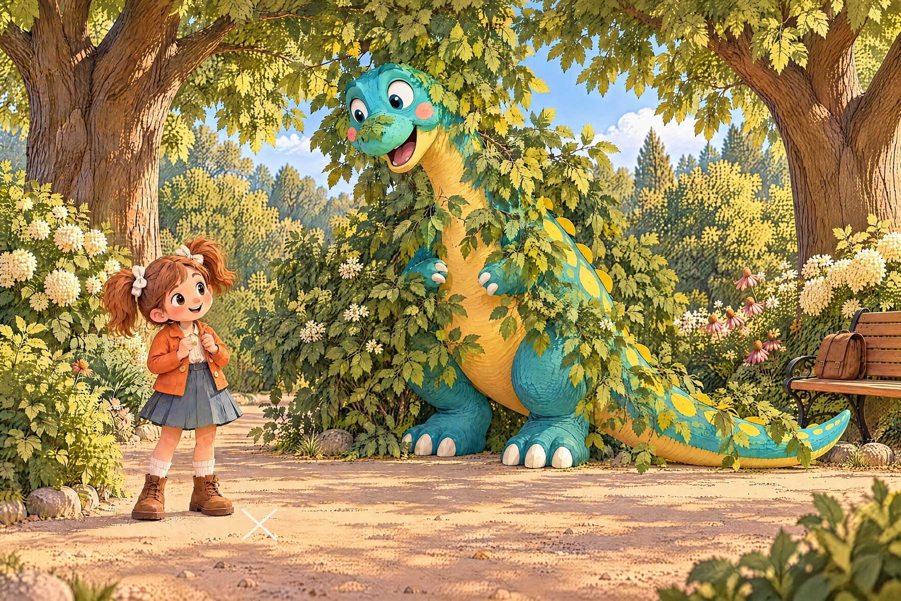 Leaf-covered Mabel opens her mouth while Julia lowers her hands.