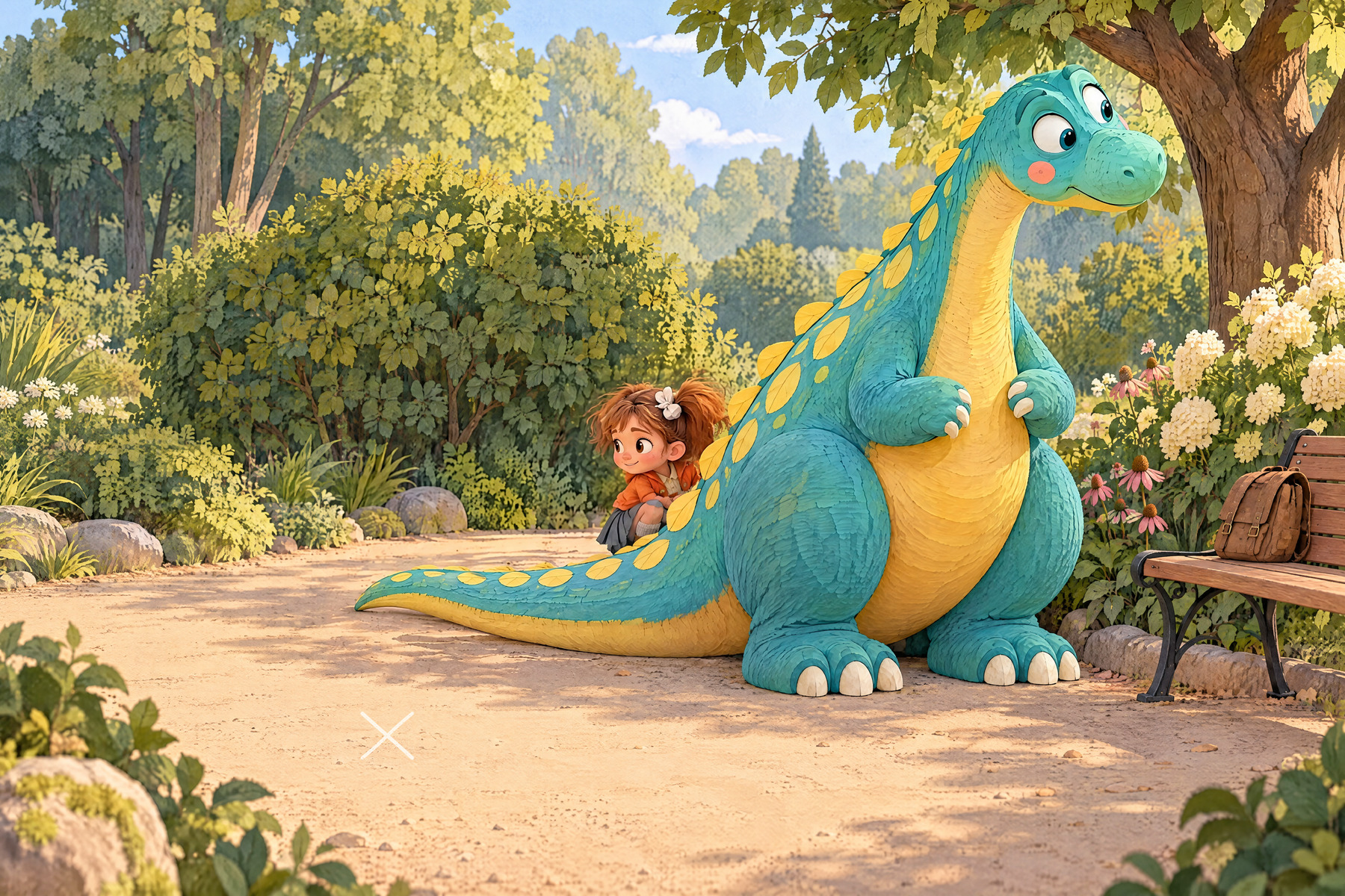 Julia crouches behind Mabel’s thick tail base; one ivory hair bow peeks out.