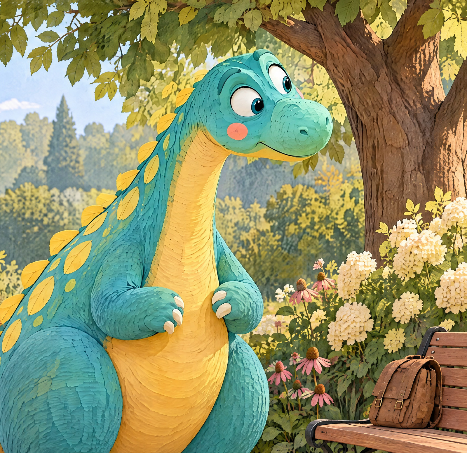 Mabel looks toward the nearby tree and flowers.