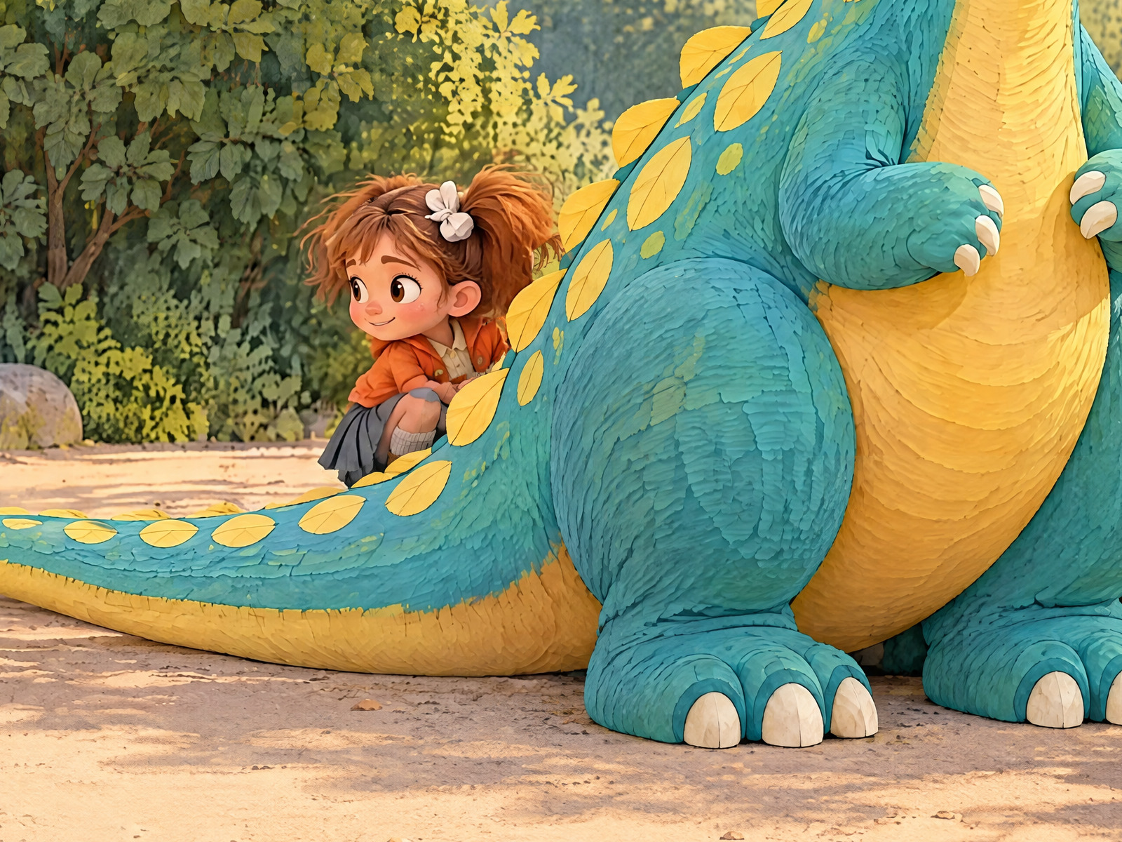 Julia crouches on the far side of Mabel’s grounded tail.