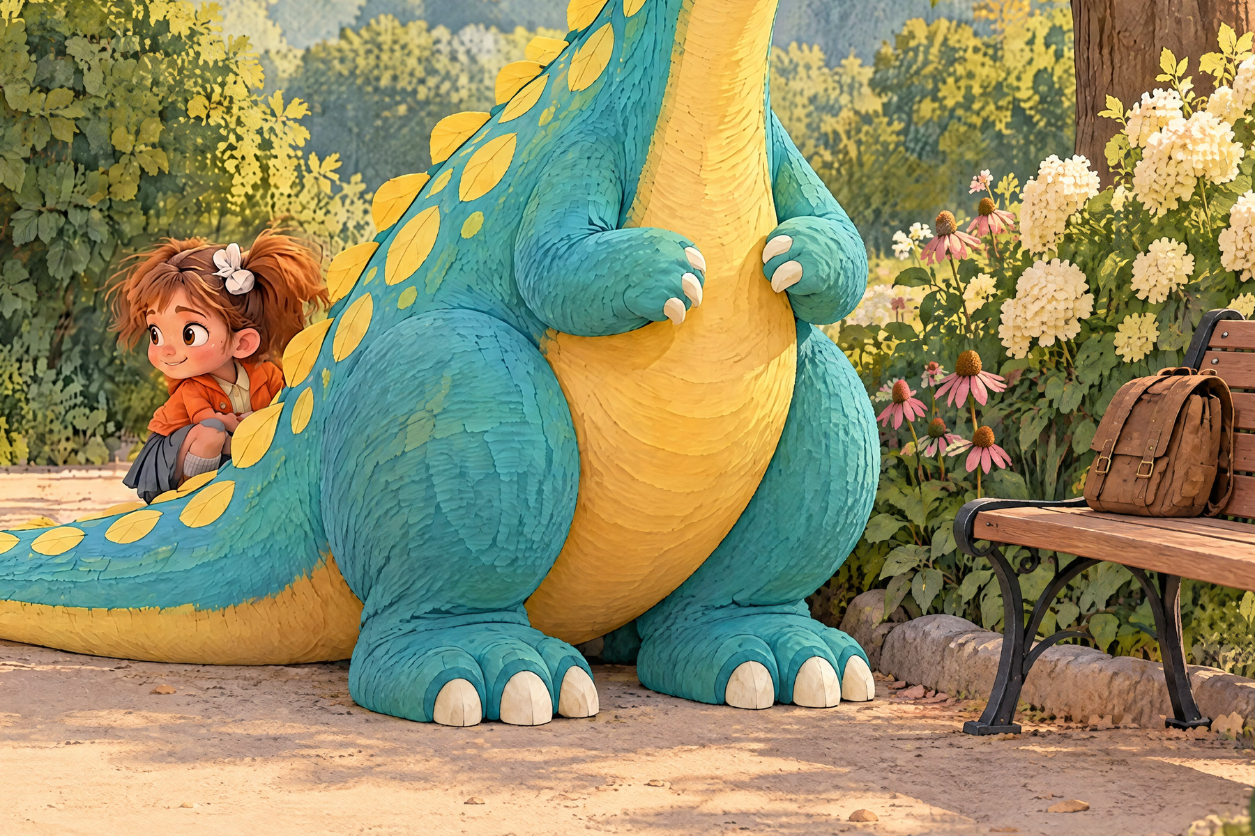Julia presses her lips together behind Mabel’s tail.