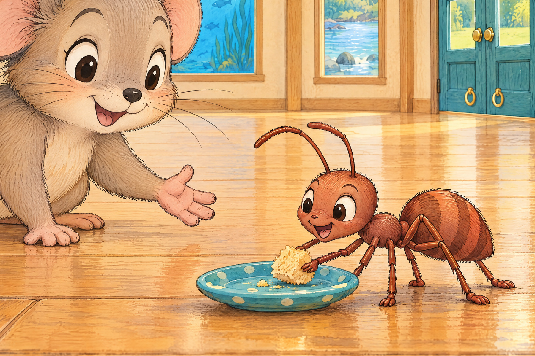 Aa — Ant: Ant brings one crumb. It needs a plate of its own.