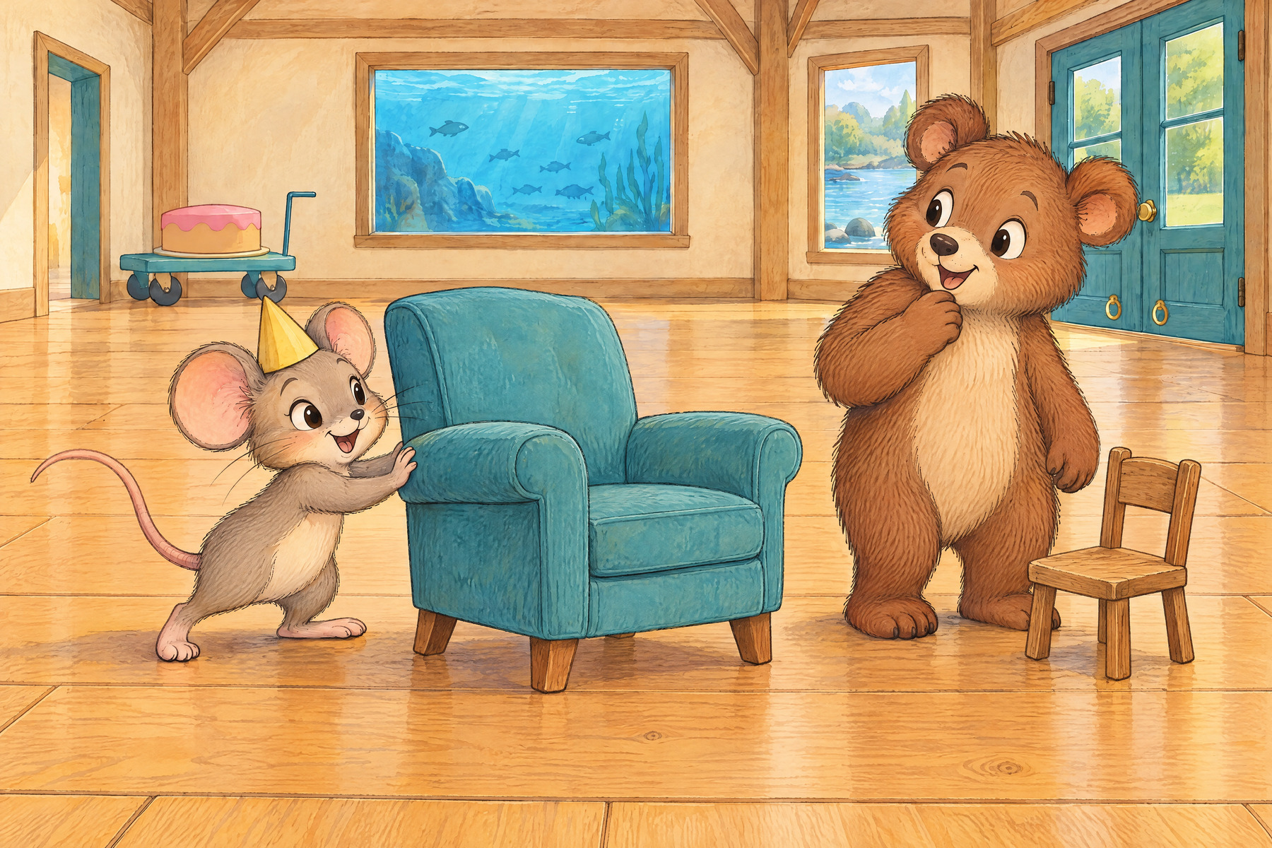 Bb — Bear: Bear tries the smallest chair.
