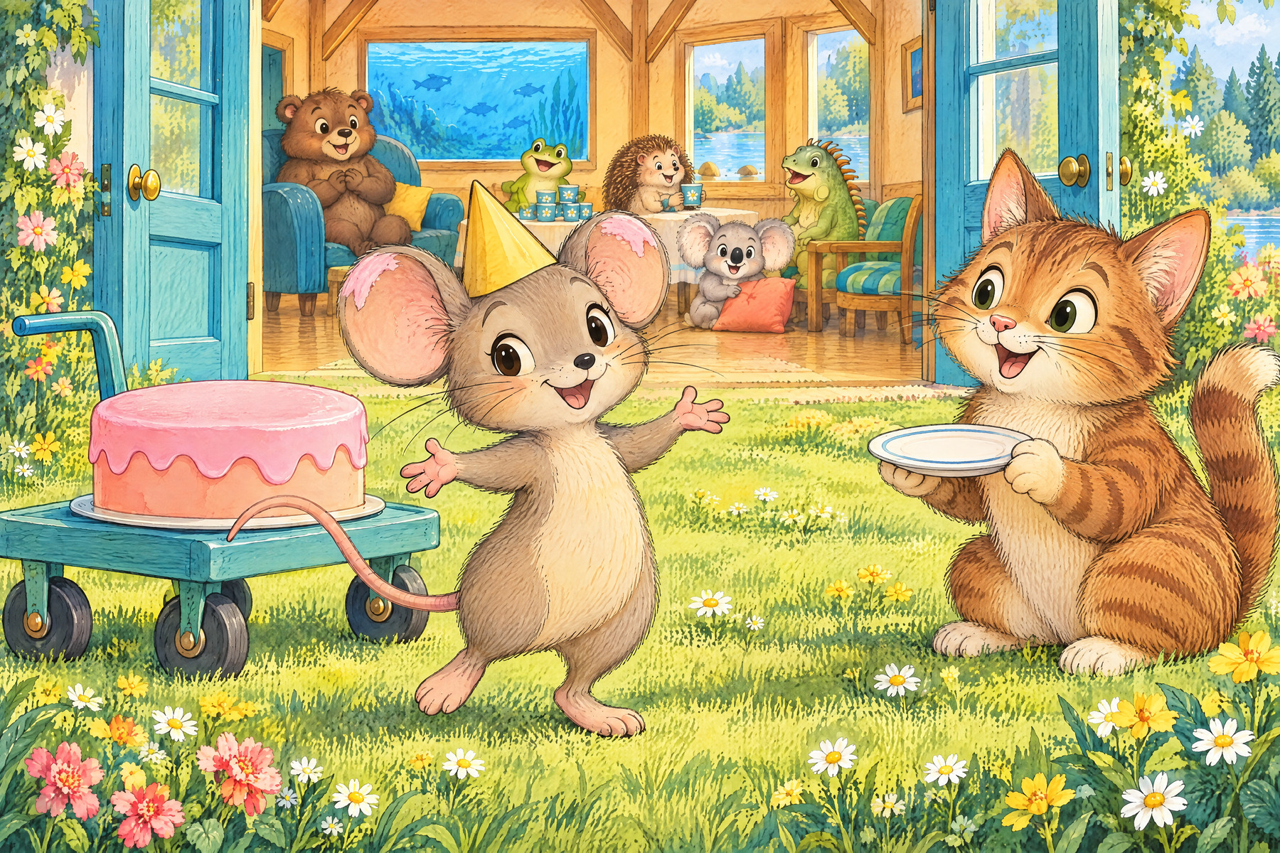 Nellie wears her recovered yellow hat with pink icing on both ears; Cat waits with a plate.