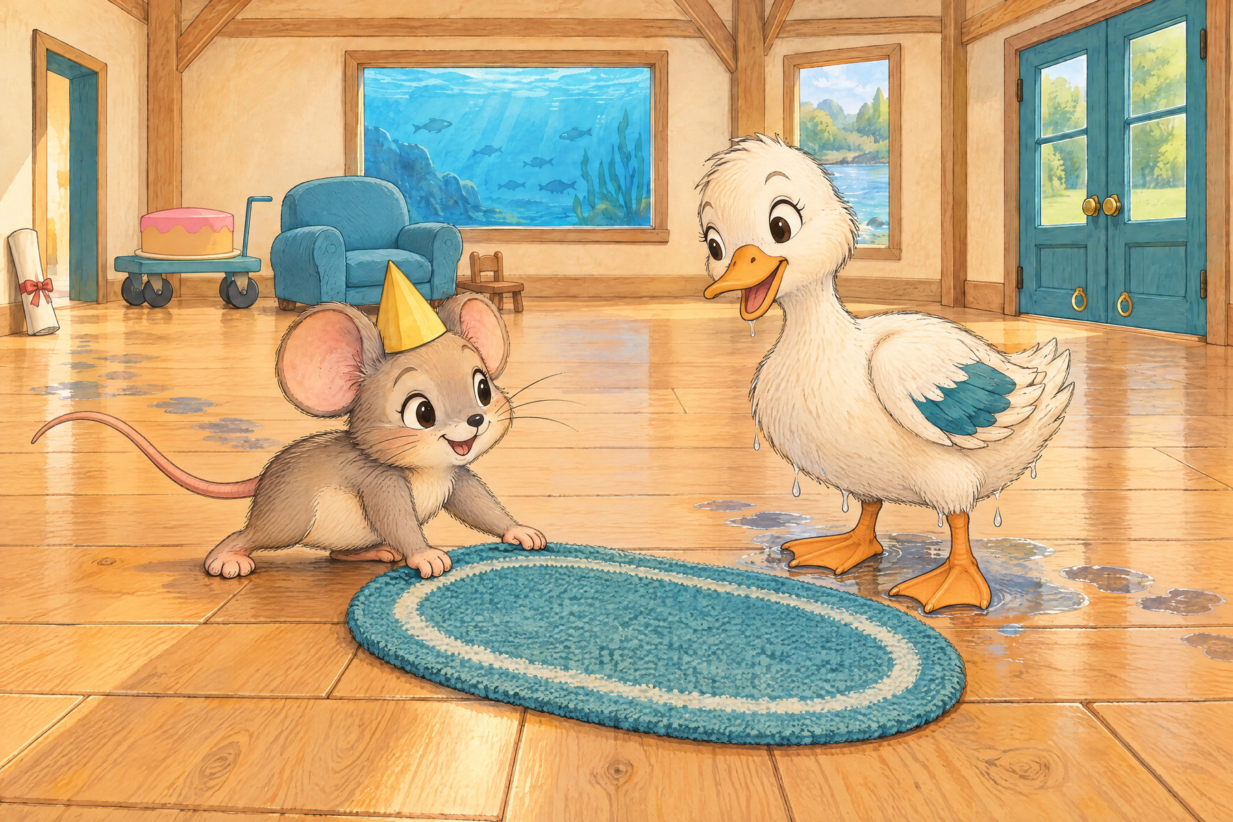 Dd — Duck: Duck brings a puddle.