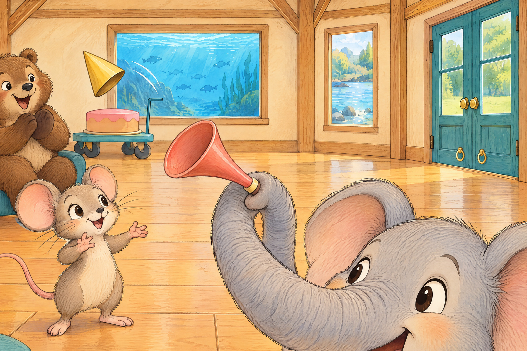 Ee — Elephant: Elephant blows the party horn.
