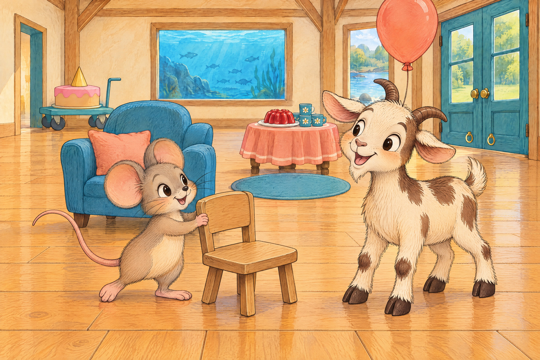 Gg — Goat: Goat wears a balloon like a very tall hat.